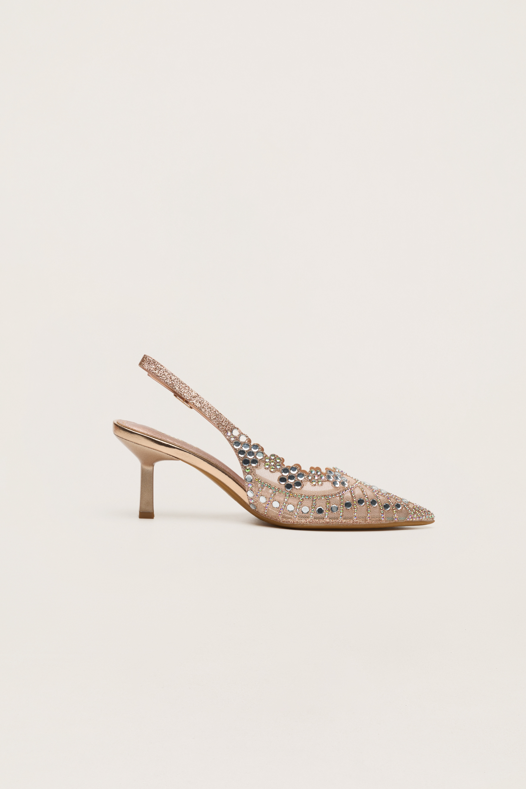 Dress Up Hour Gold Rhinestone Floral Scalloped Slingback Pumps