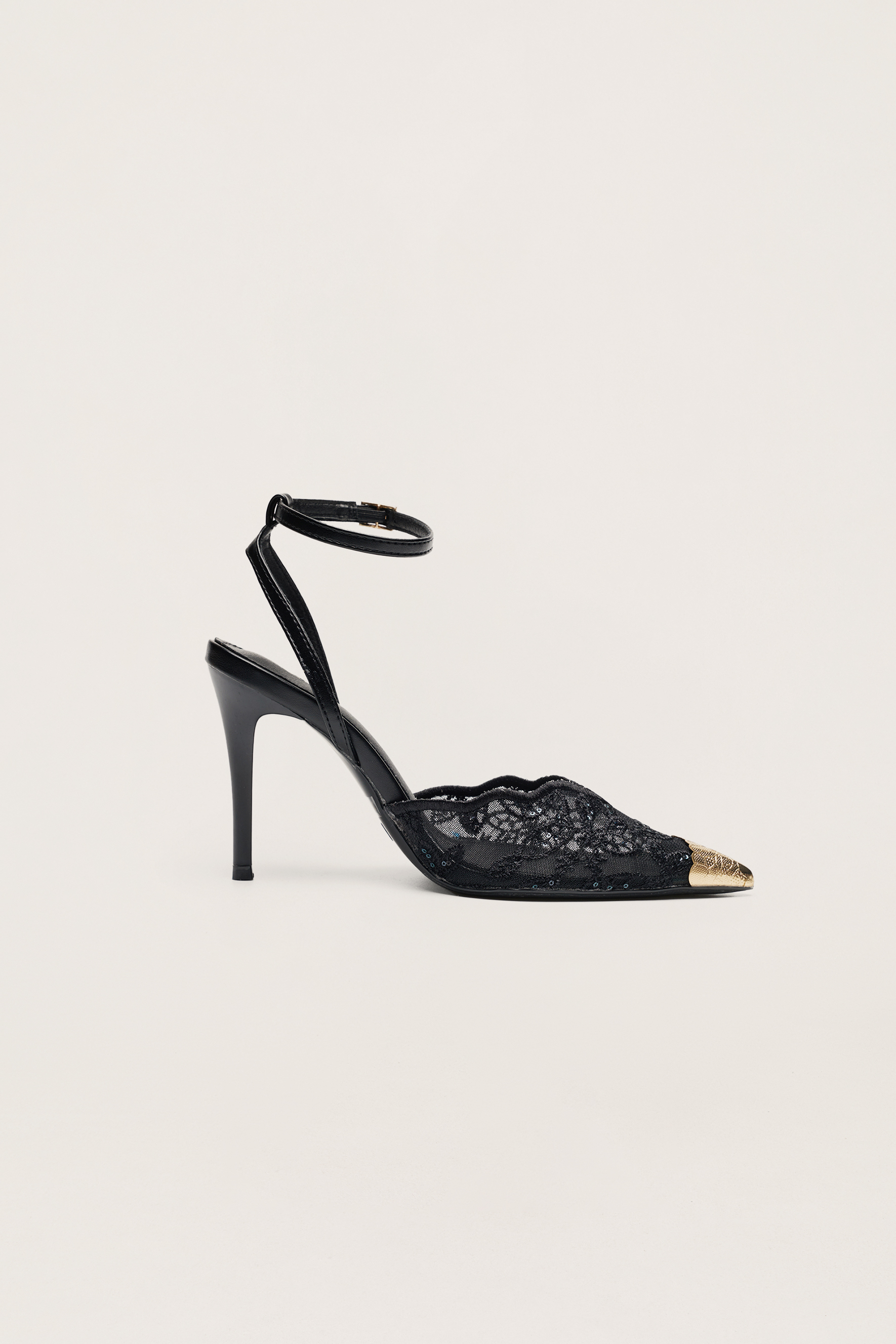 Special Feeling Black Floral Embroidered Scalloped Ankle Strap Pumps
