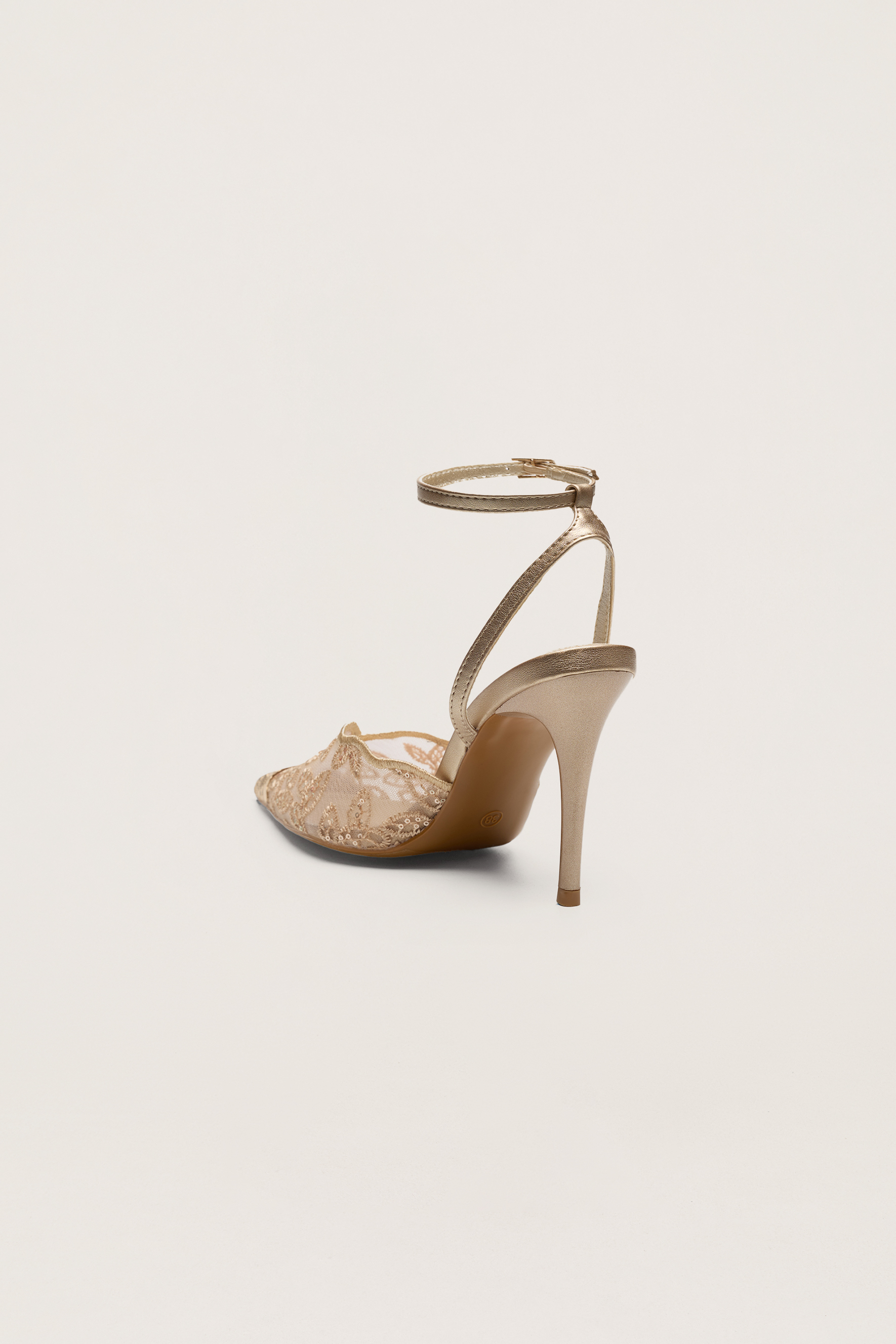 Special Feeling Gold Floral Embroidered Scalloped Ankle Strap Pumps