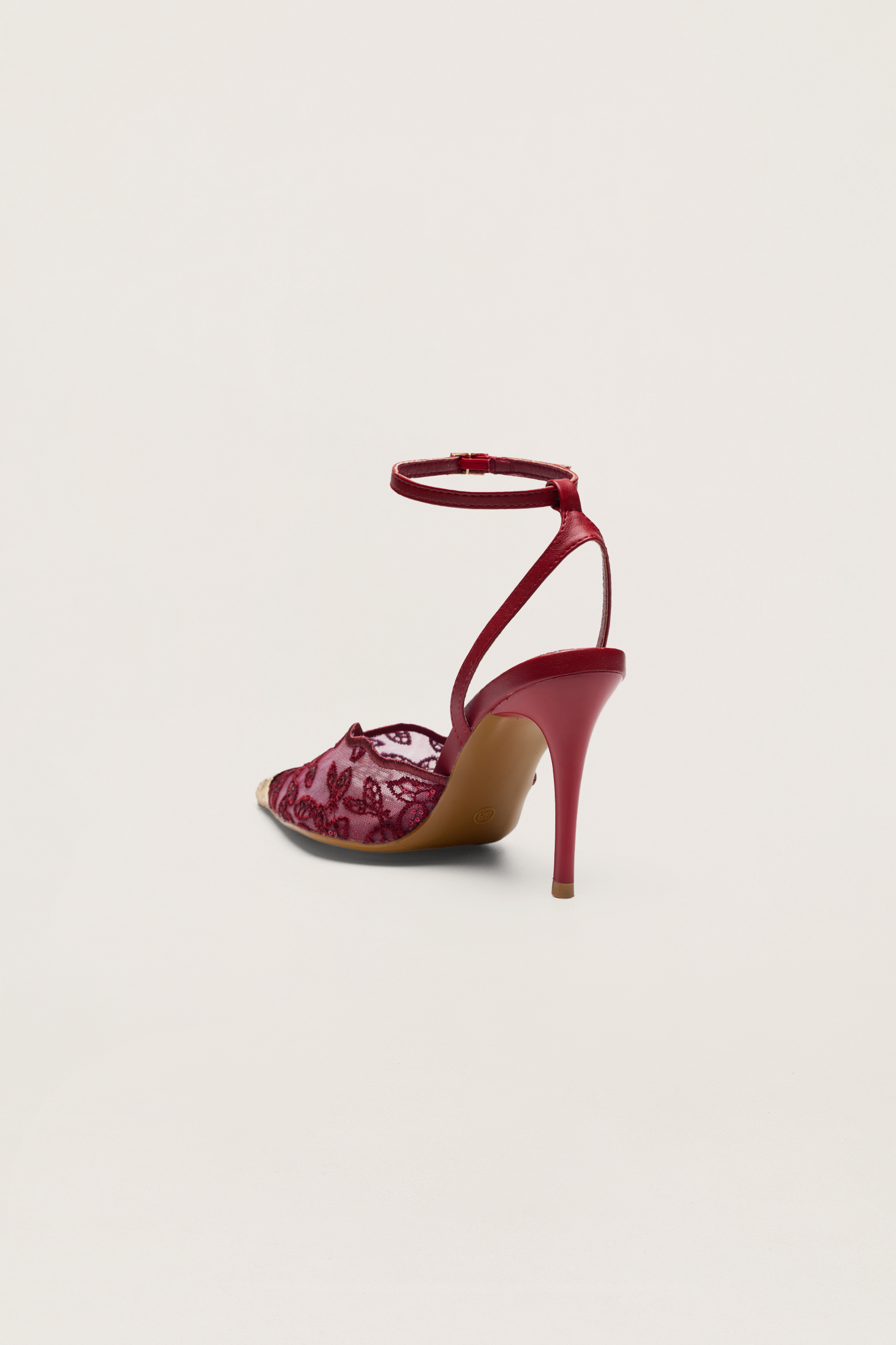 Special Feeling Burgundy Floral Embroidered Scalloped Ankle Strap Pumps