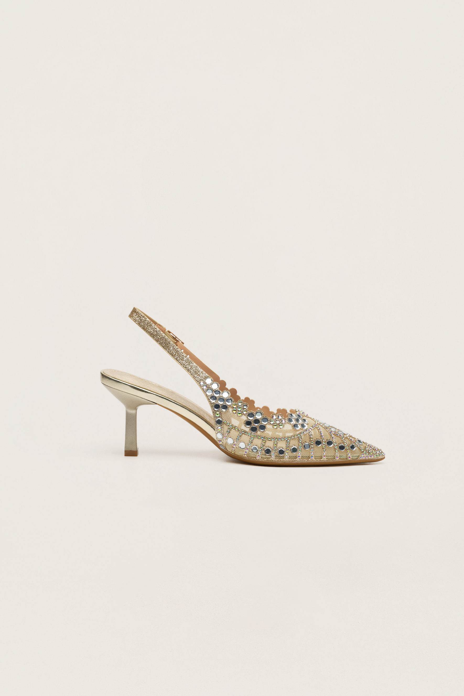 Dress Up Hour Gold Rhinestone Floral Scalloped Slingback Pumps