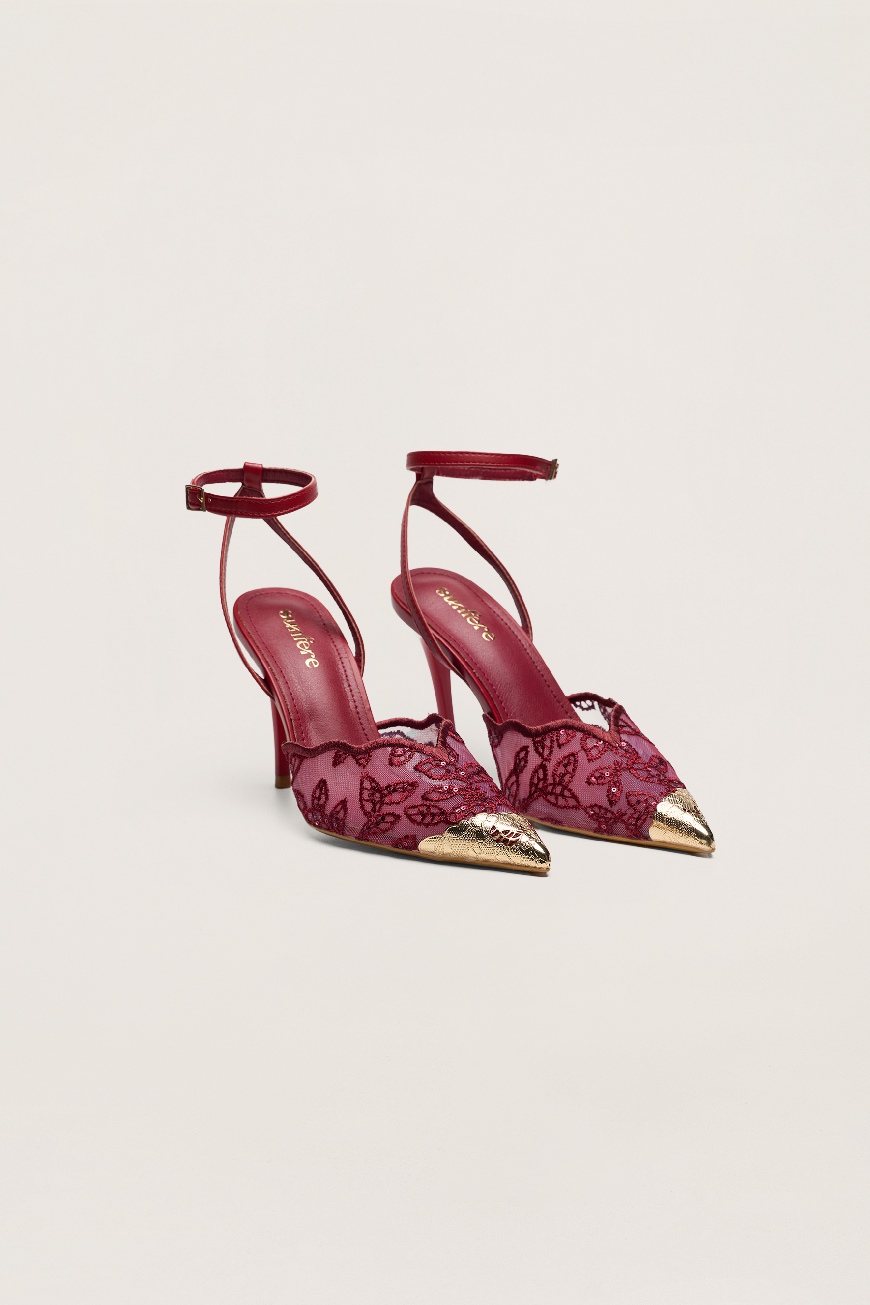 Special Feeling Burgundy Floral Embroidered Scalloped Ankle Strap Pumps