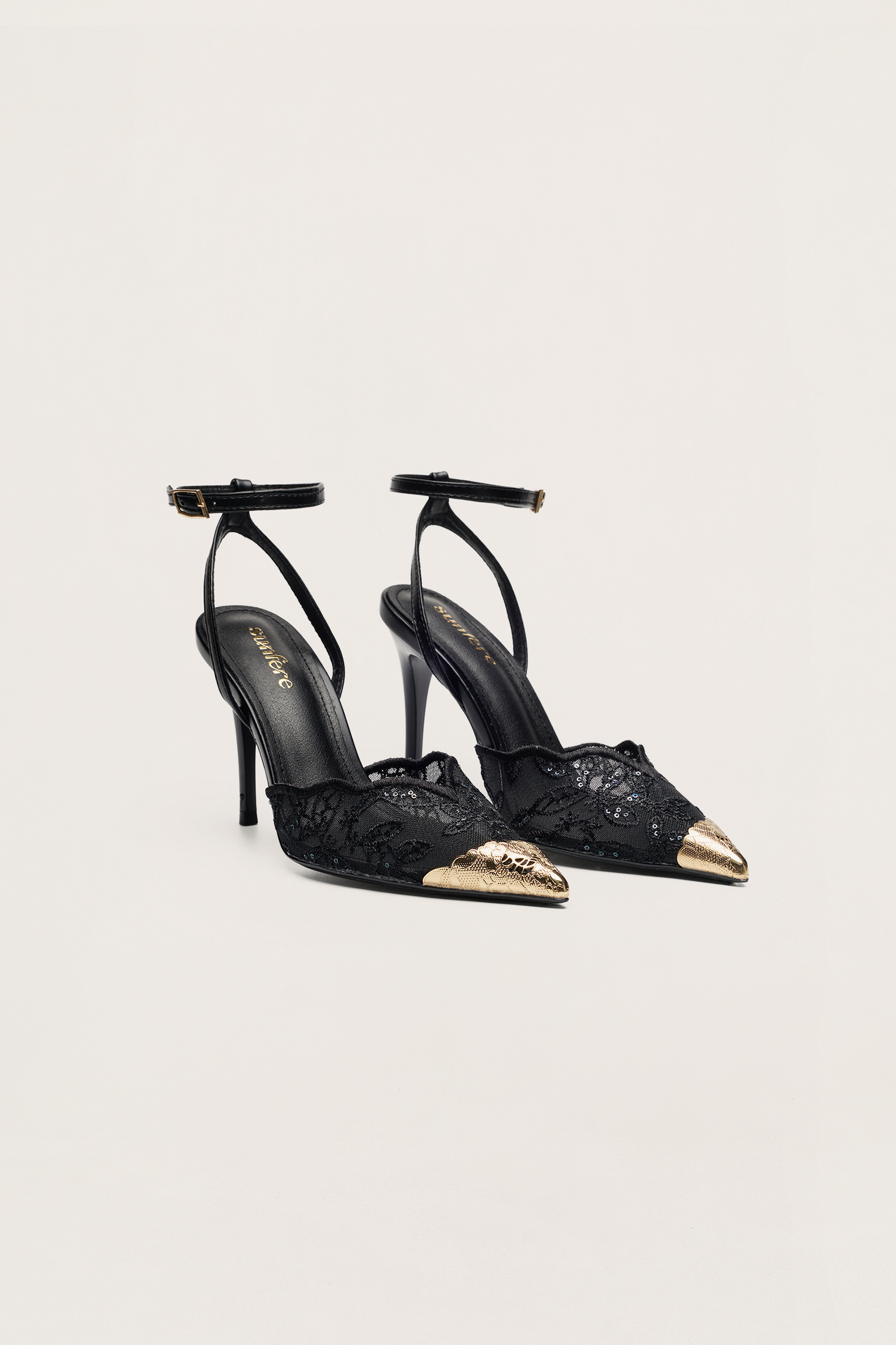 Special Feeling Black Floral Embroidered Scalloped Ankle Strap Pumps