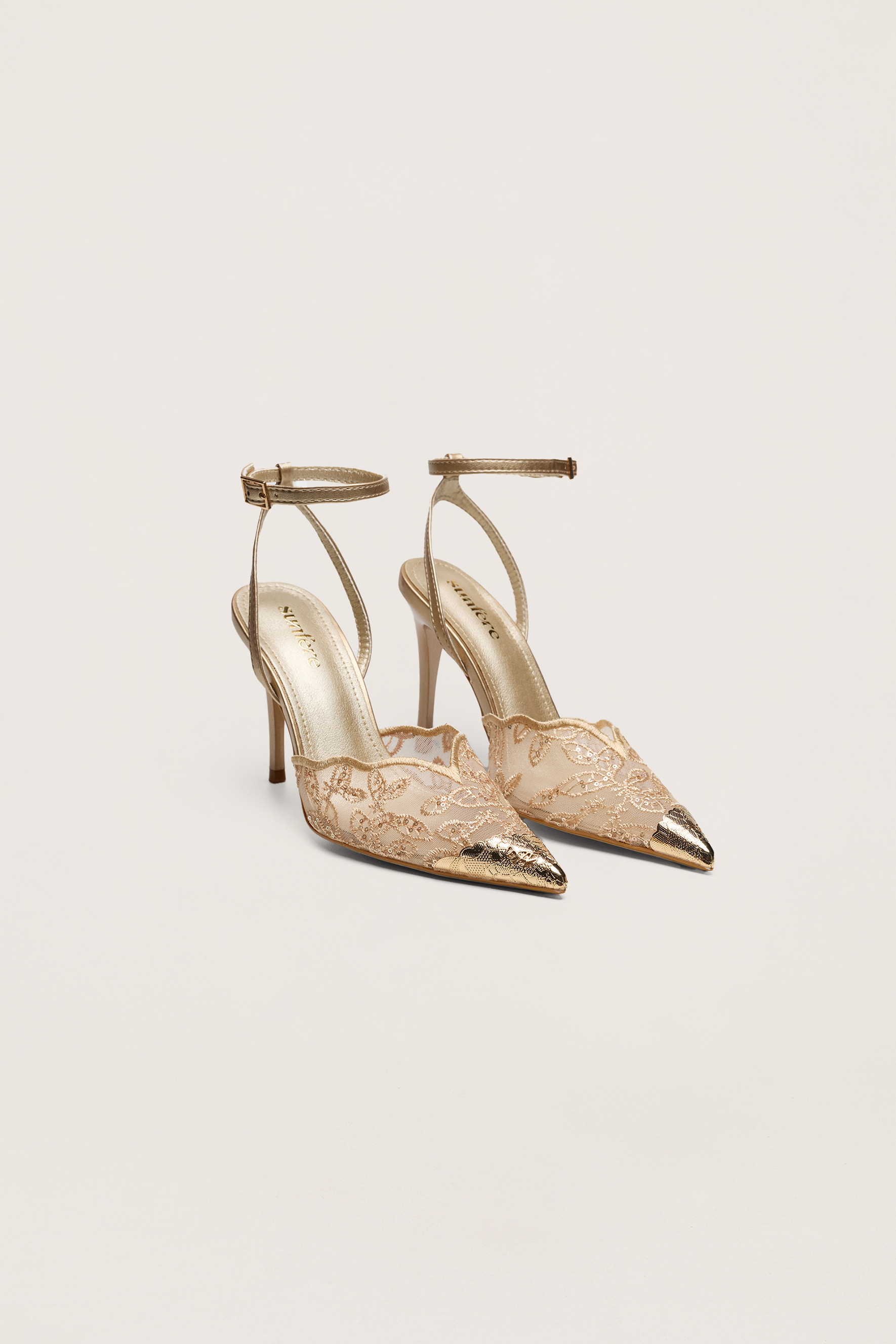 Special Feeling Gold Floral Embroidered Scalloped Ankle Strap Pumps