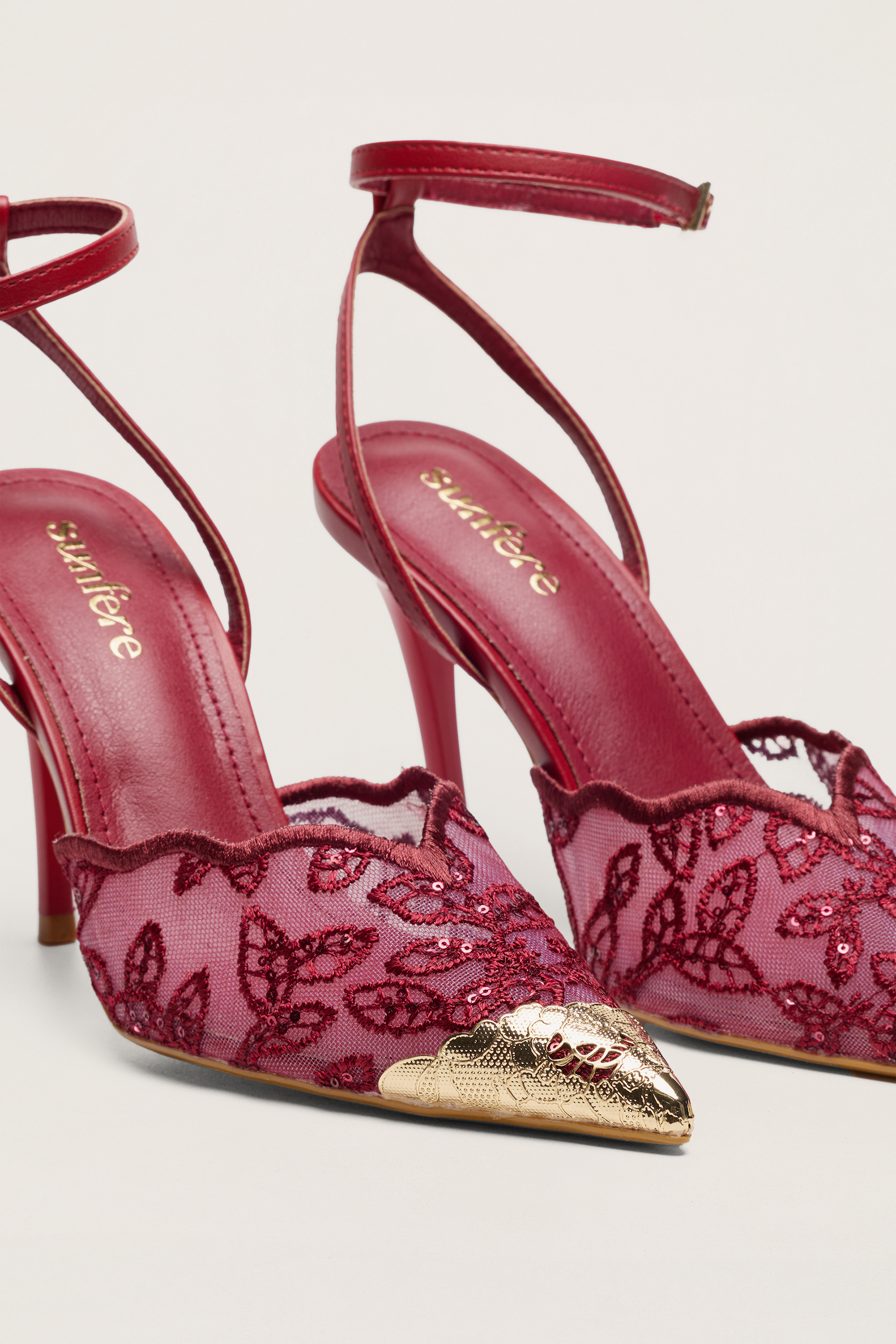 Special Feeling Burgundy Floral Embroidered Scalloped Ankle Strap Pumps