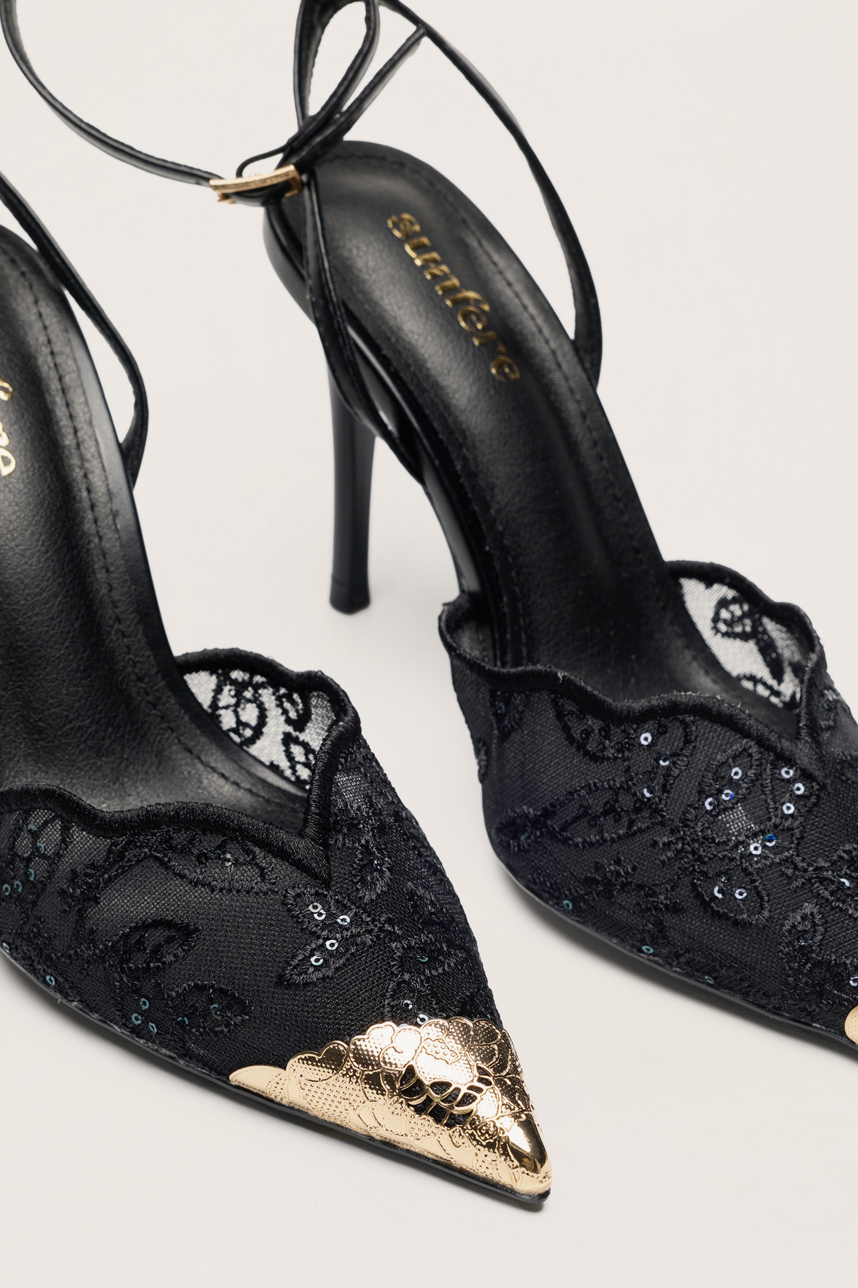 Special Feeling Black Floral Embroidered Scalloped Ankle Strap Pumps
