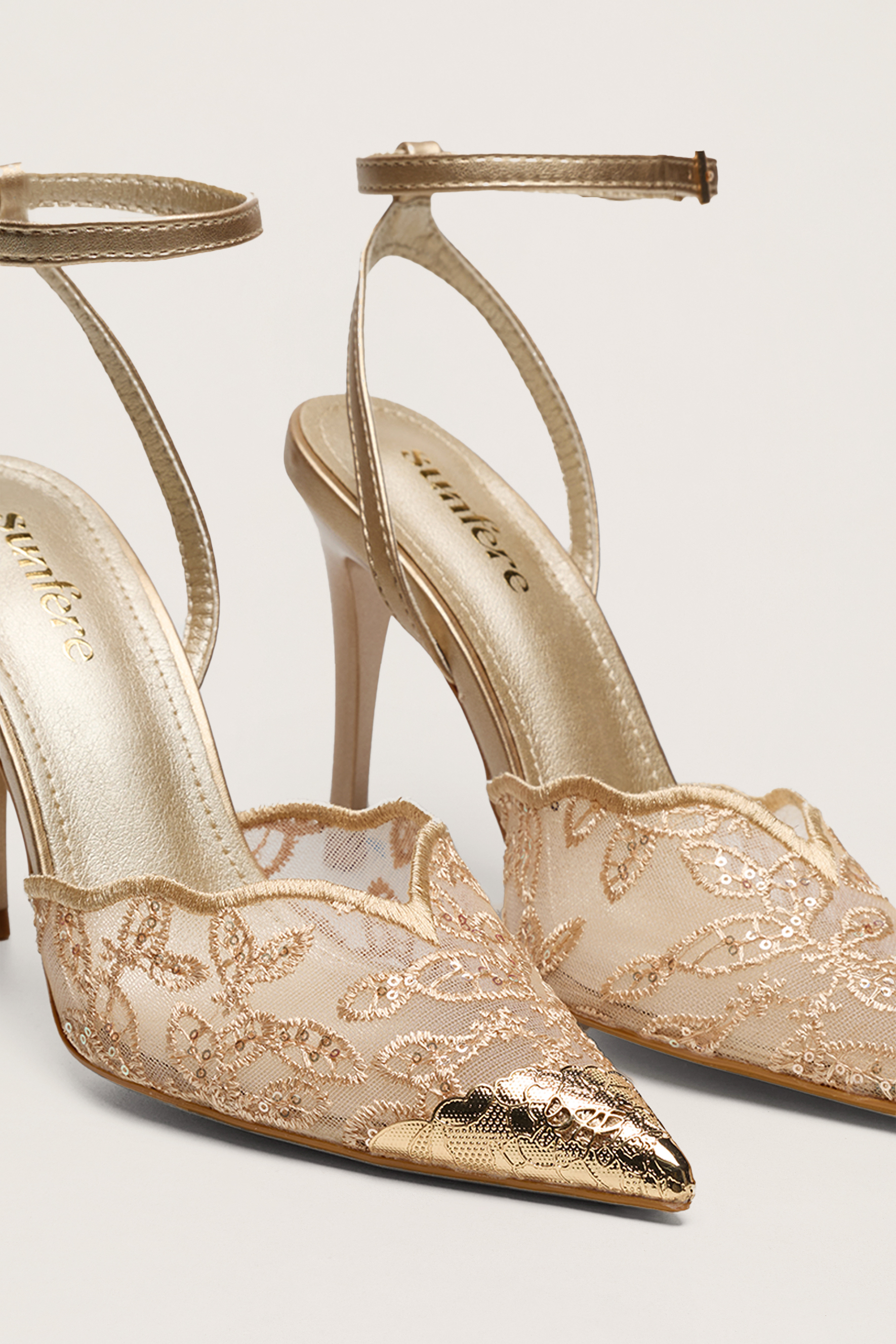 Special Feeling Gold Floral Embroidered Scalloped Ankle Strap Pumps