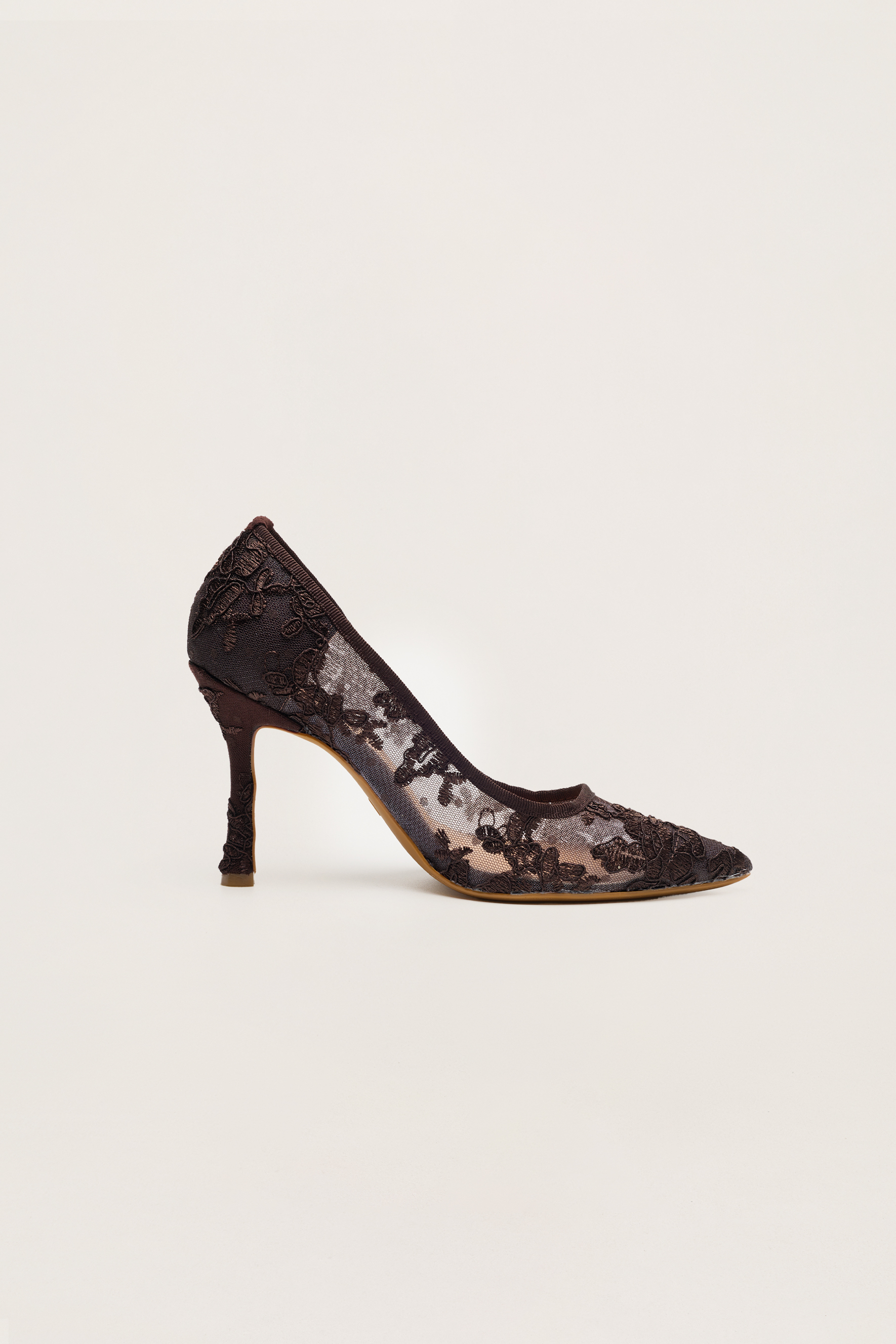 Hidden Charm Brown Floral Lace Pointed Toe Pumps
