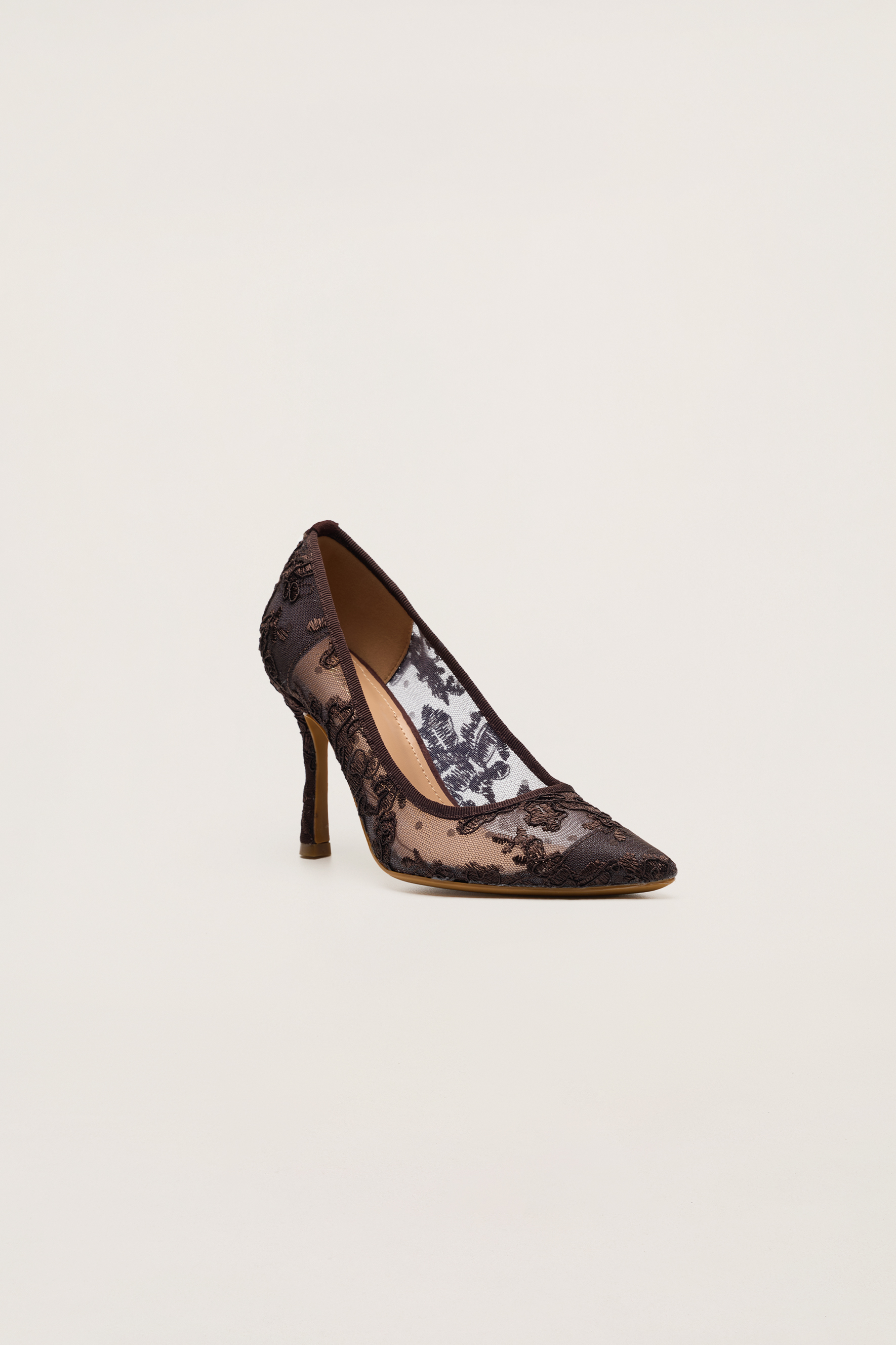 Hidden Charm Brown Floral Lace Pointed Toe Pumps