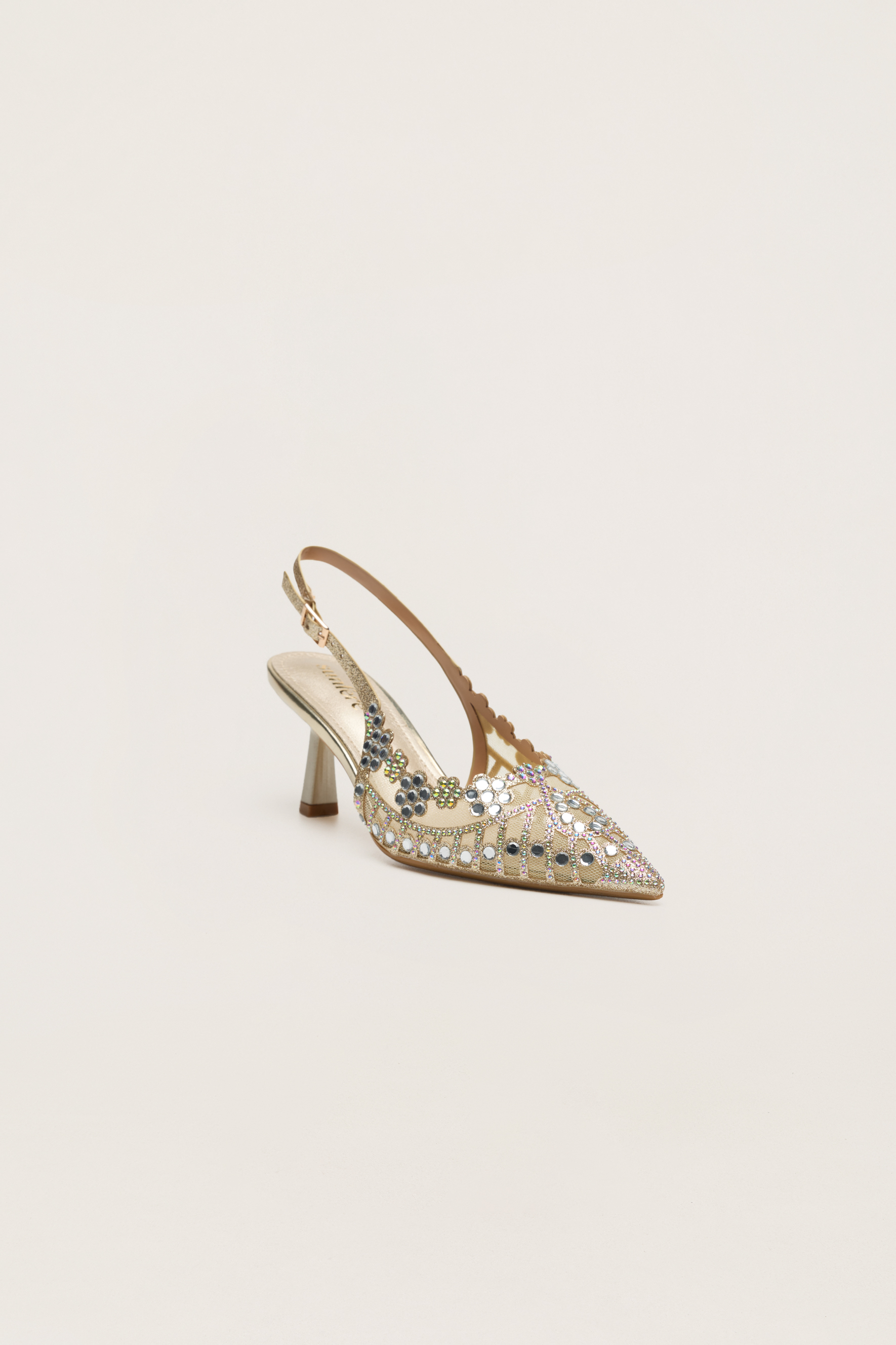 Dress Up Hour Gold Rhinestone Floral Scalloped Slingback Pumps