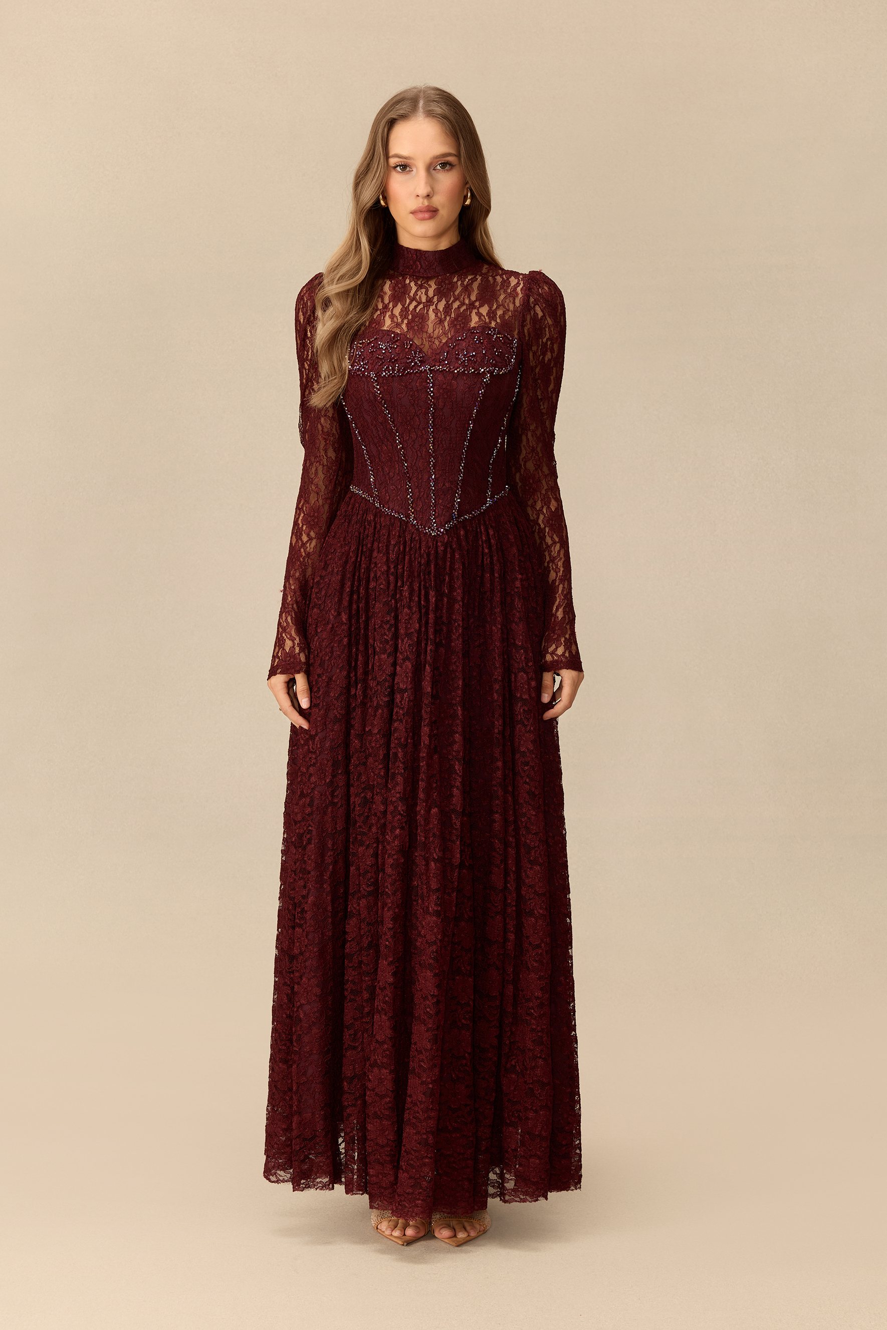 Charming Encounter Rhinestone Embellished Lace Corset Maxi Dress