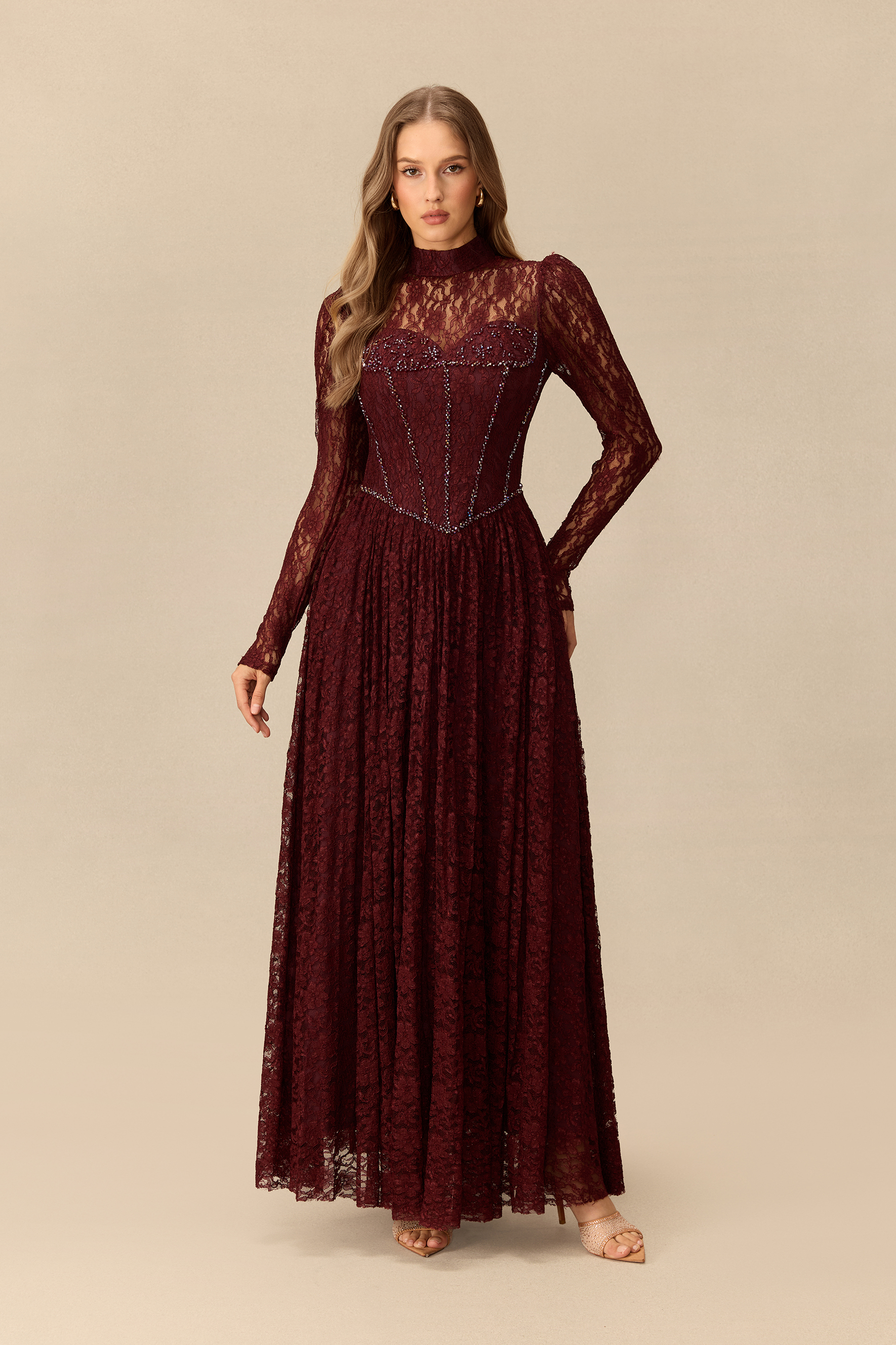 Charming Encounter Rhinestone Embellished Lace Corset Maxi Dress