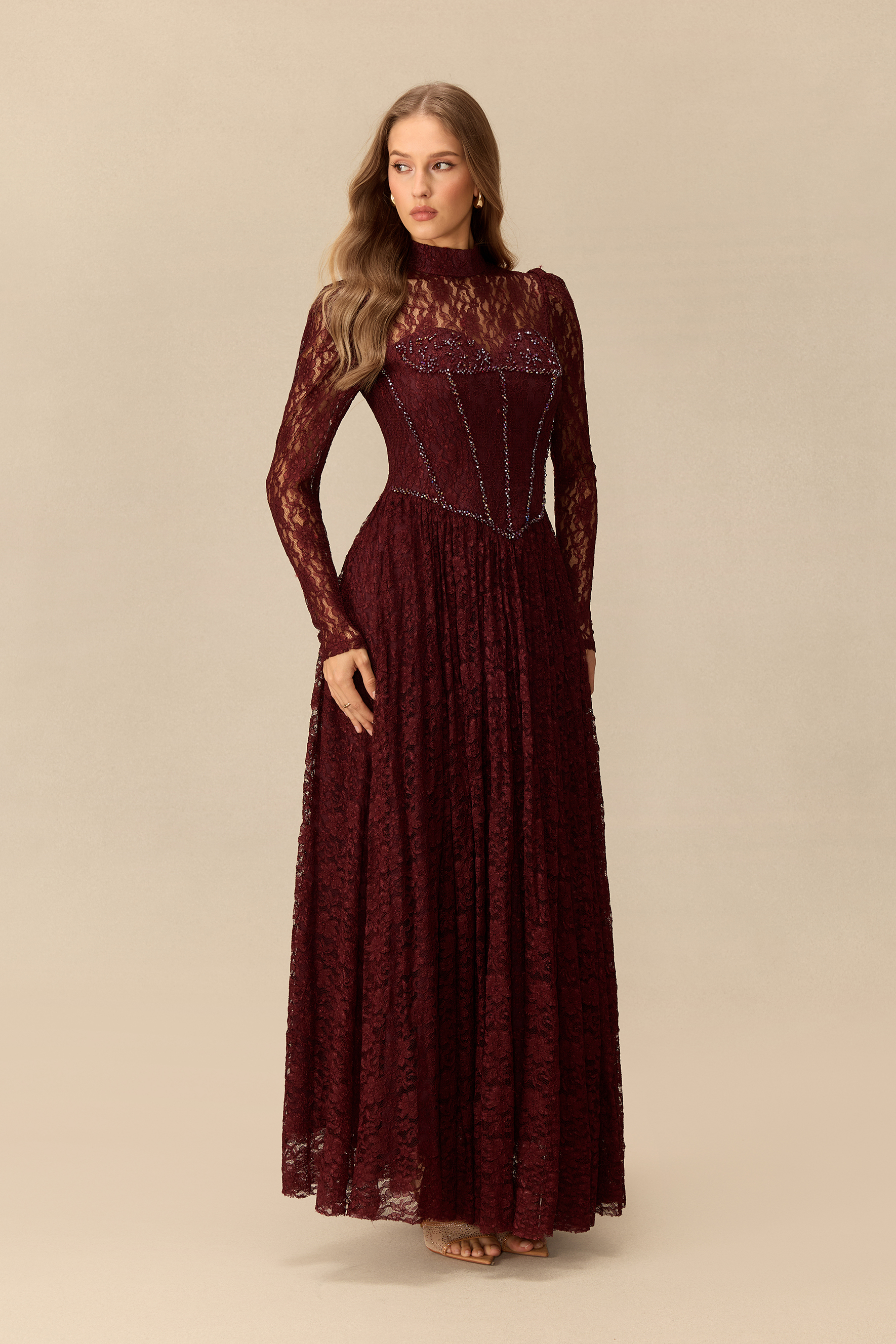 Charming Encounter Rhinestone Embellished Lace Corset Maxi Dress