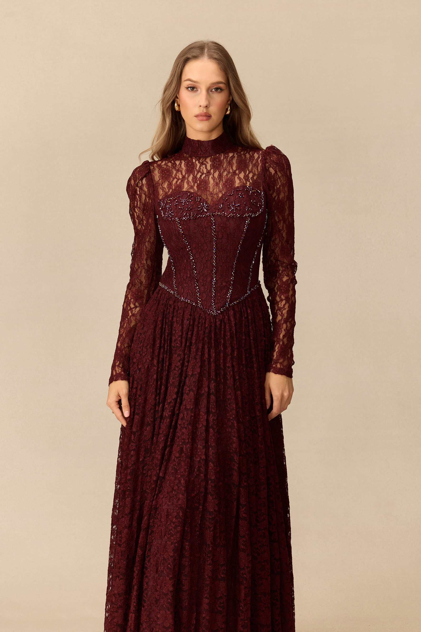 Charming Encounter Rhinestone Embellished Lace Corset Maxi Dress