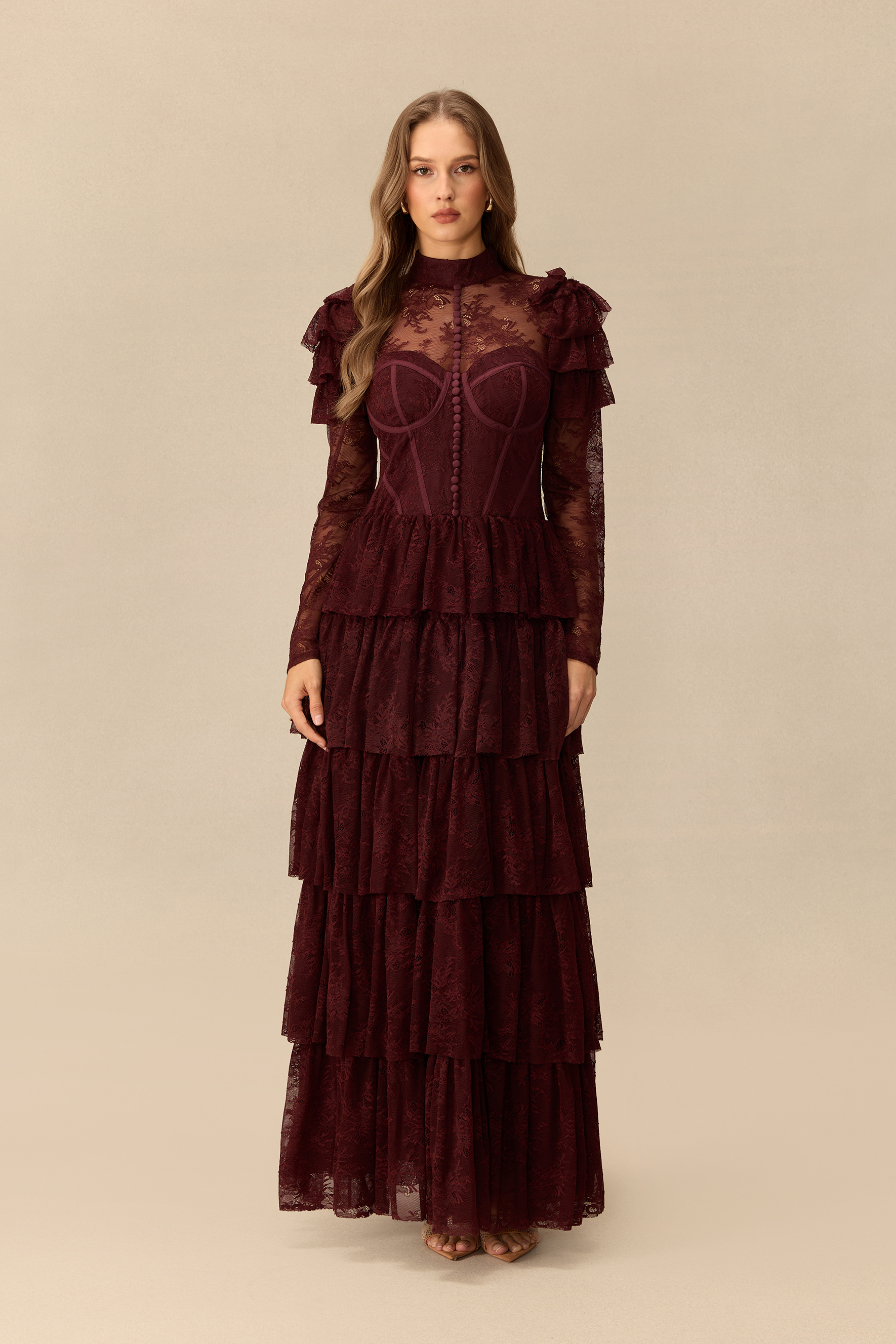 Romantic Reverie Ruffle Sleeve Tiered Lace Maxi Dress