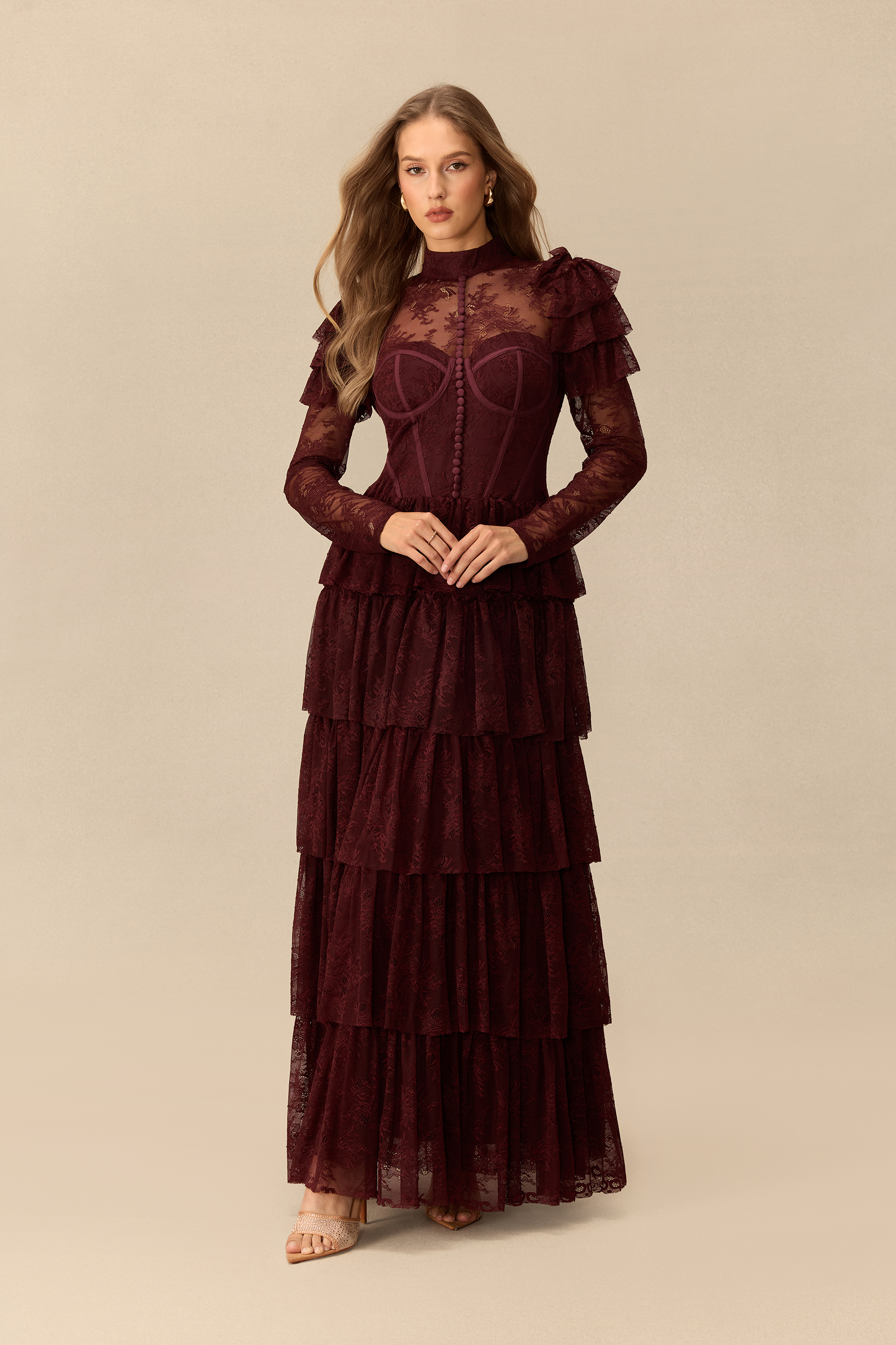 Romantic Reverie Ruffle Sleeve Tiered Lace Maxi Dress