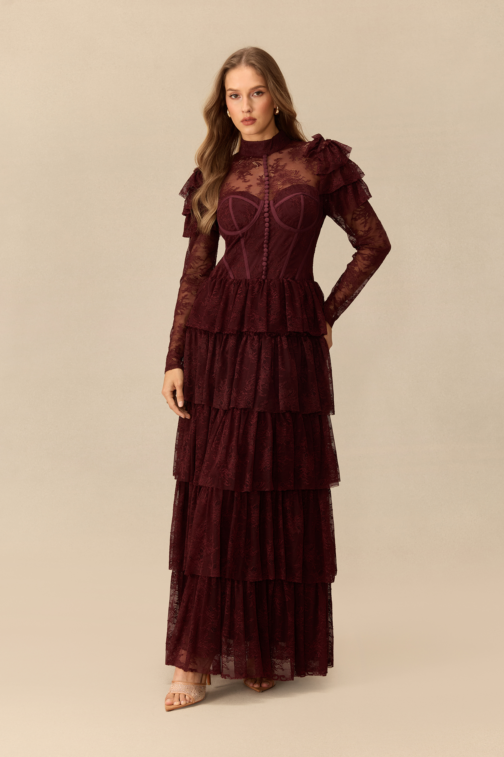 Romantic Reverie Ruffle Sleeve Tiered Lace Maxi Dress