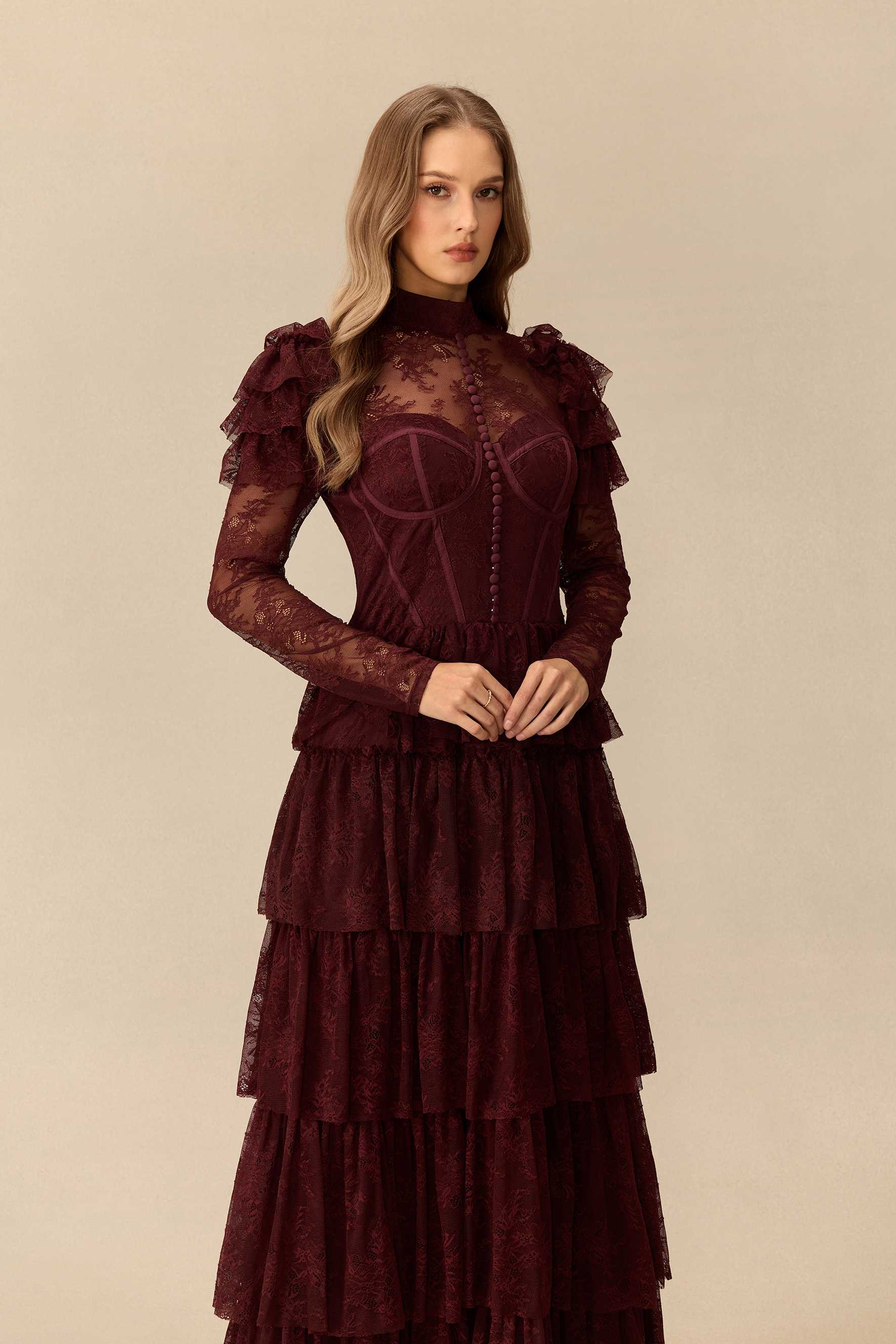 Romantic Reverie Ruffle Sleeve Tiered Lace Maxi Dress