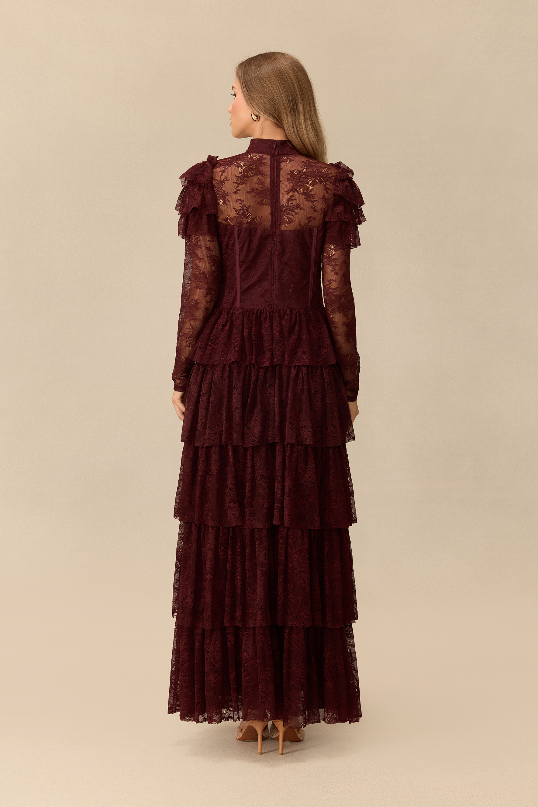 Romantic Reverie Ruffle Sleeve Tiered Lace Maxi Dress