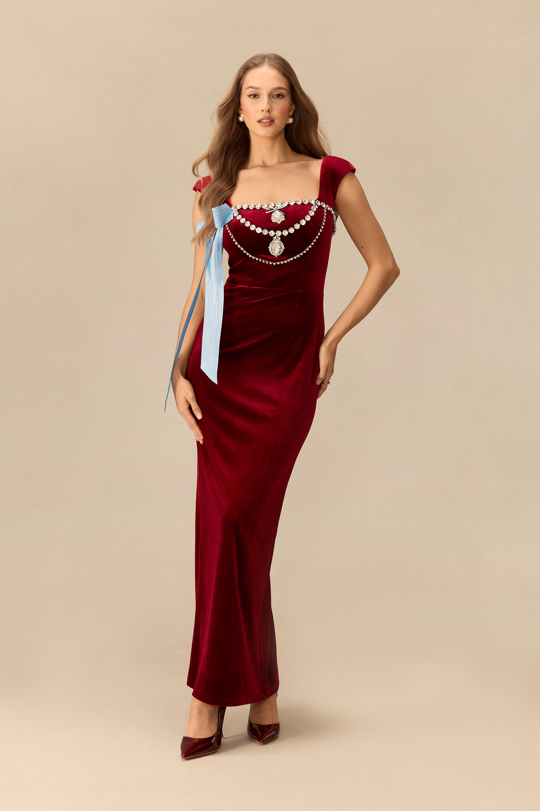 Close To The Heart Embellished Bow Velvet Maxi Dress