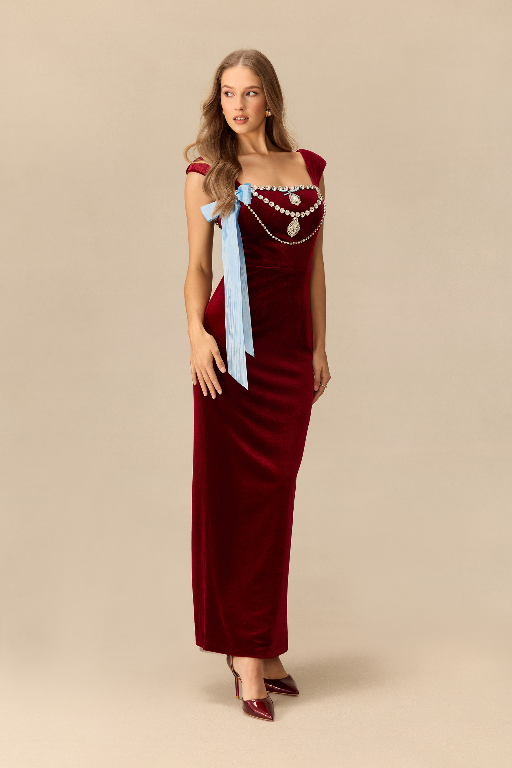 Close To The Heart Embellished Bow Velvet Maxi Dress