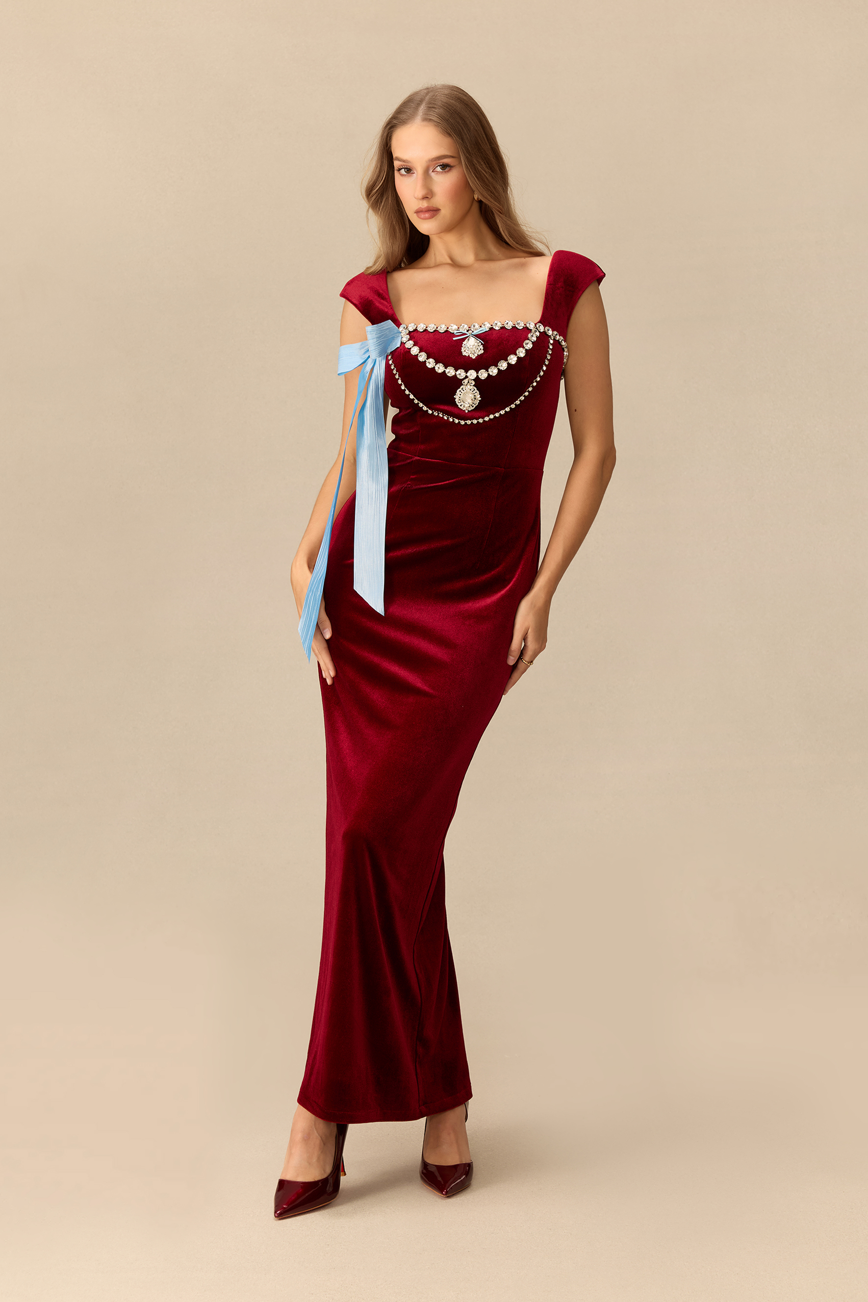 Close To The Heart Embellished Bow Velvet Maxi Dress