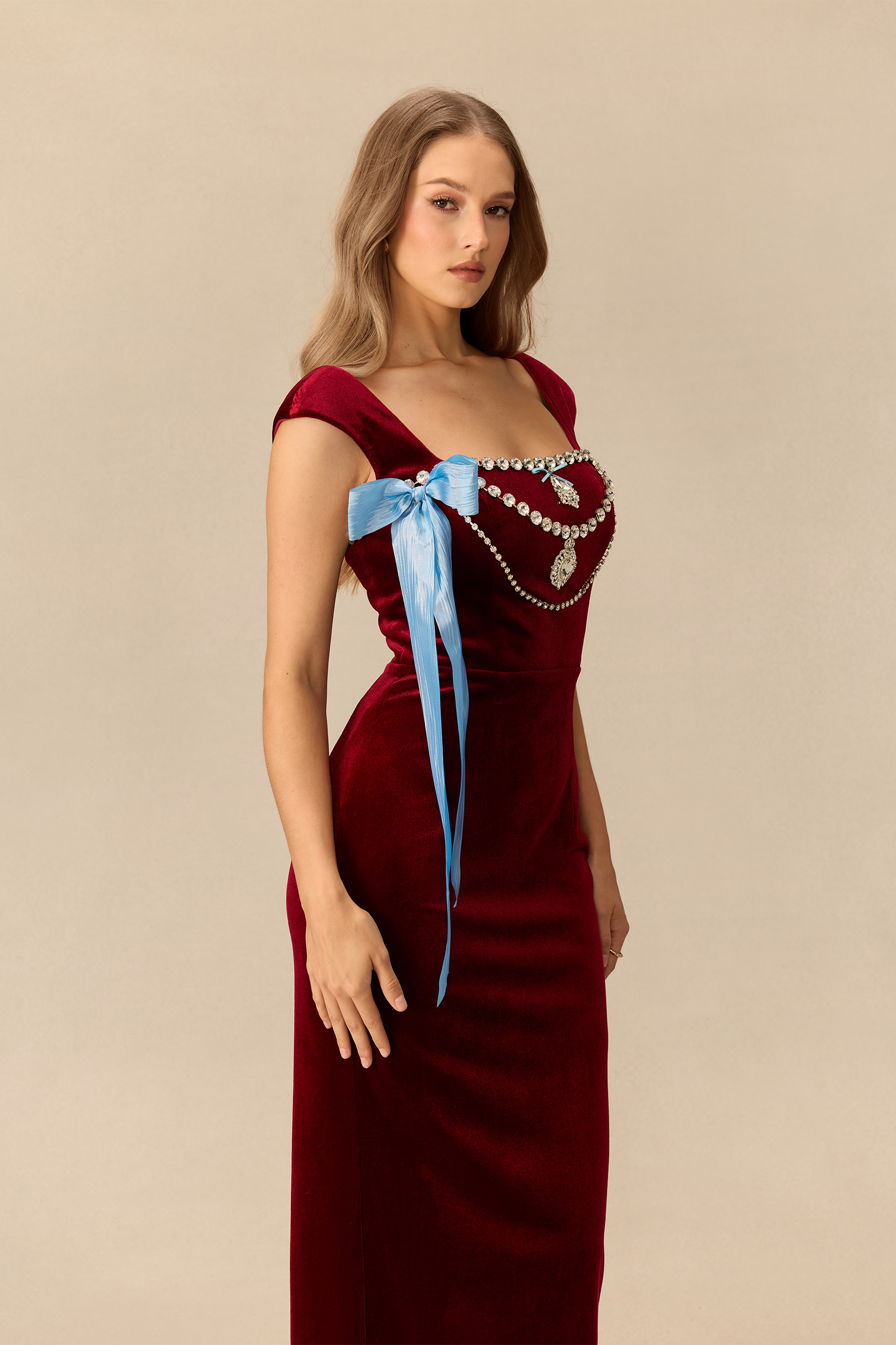 Close To The Heart Embellished Bow Velvet Maxi Dress