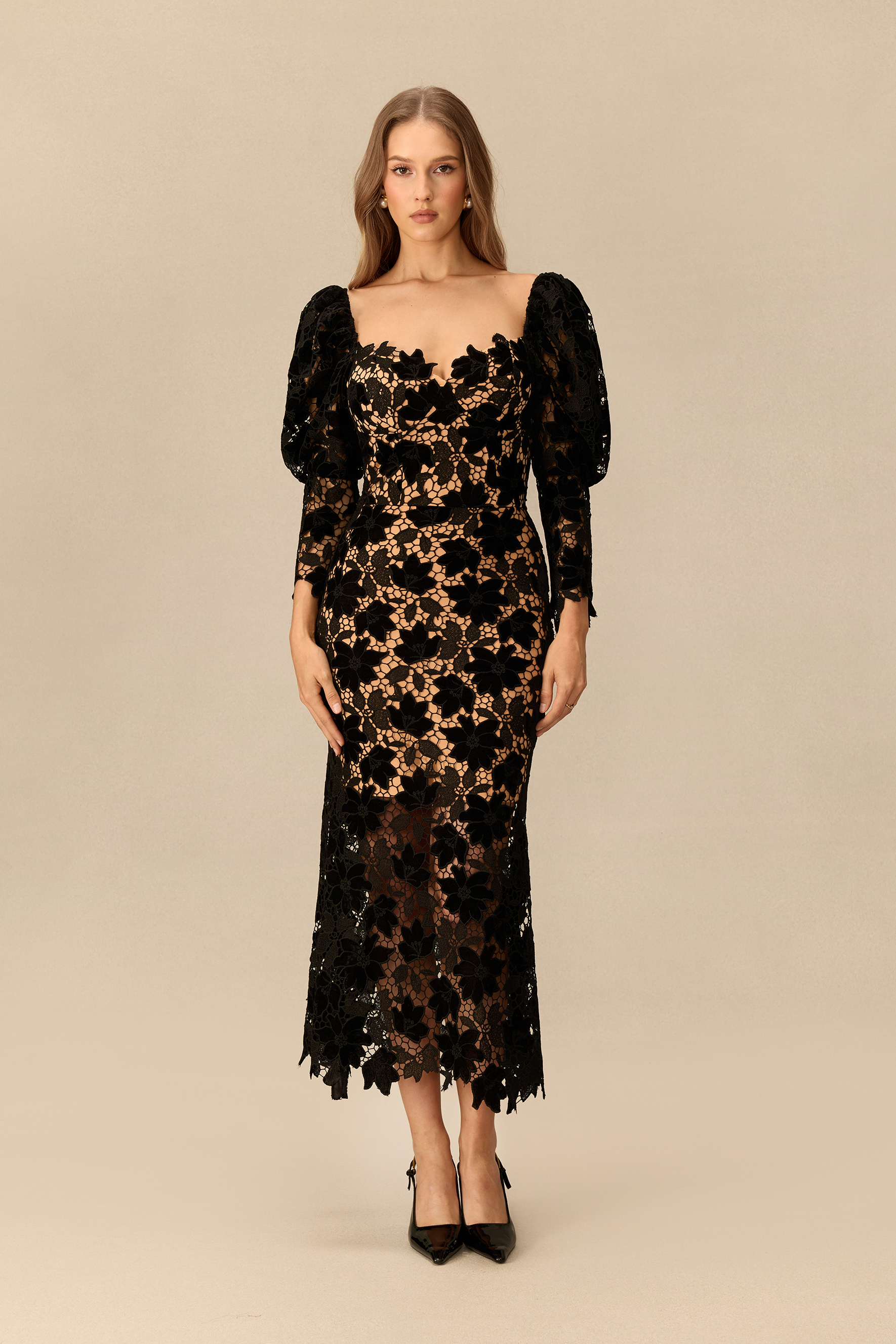 Poised To Impress Puff Sleeve Floral Lace Midi Dress