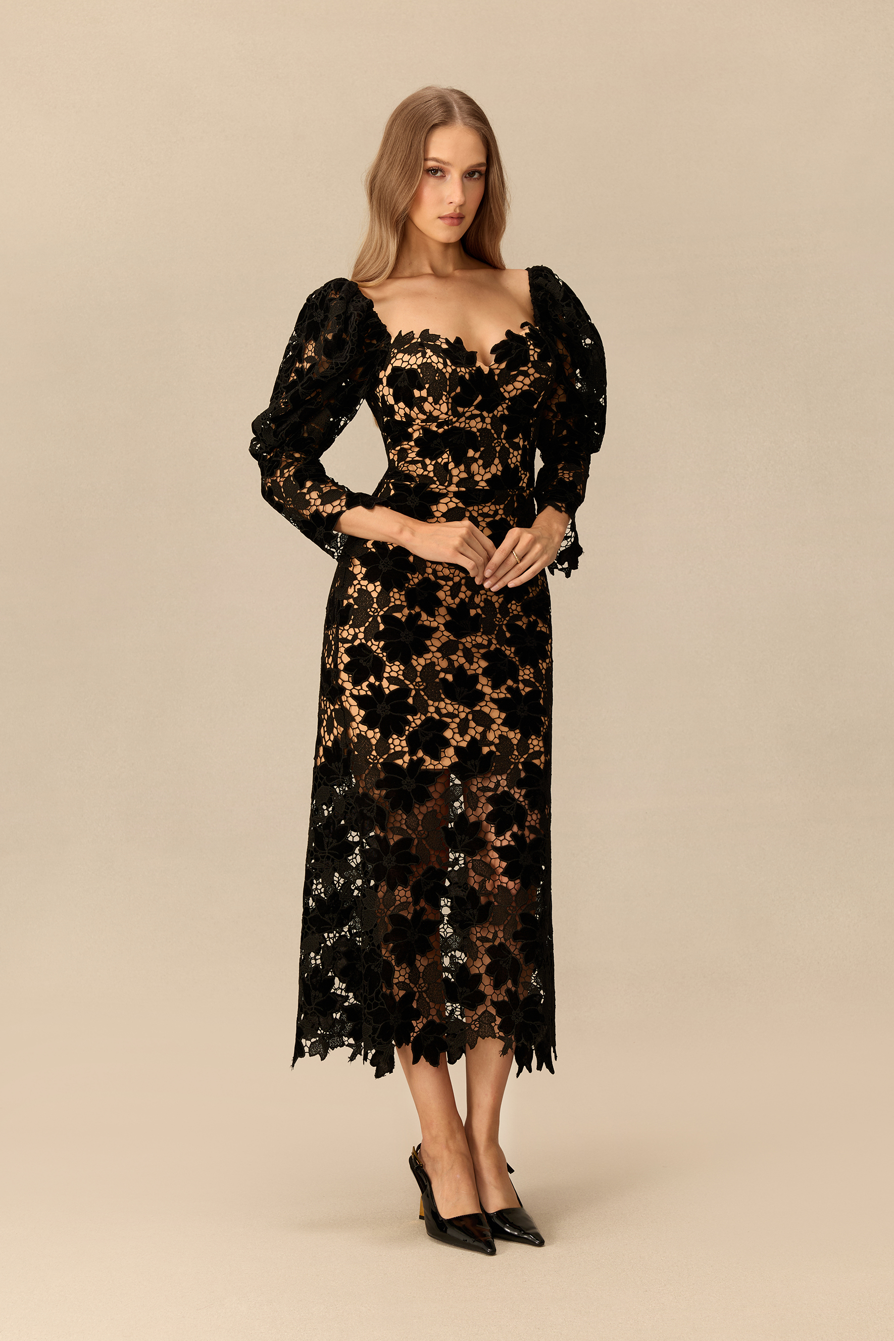 Poised To Impress Puff Sleeve Floral Lace Midi Dress