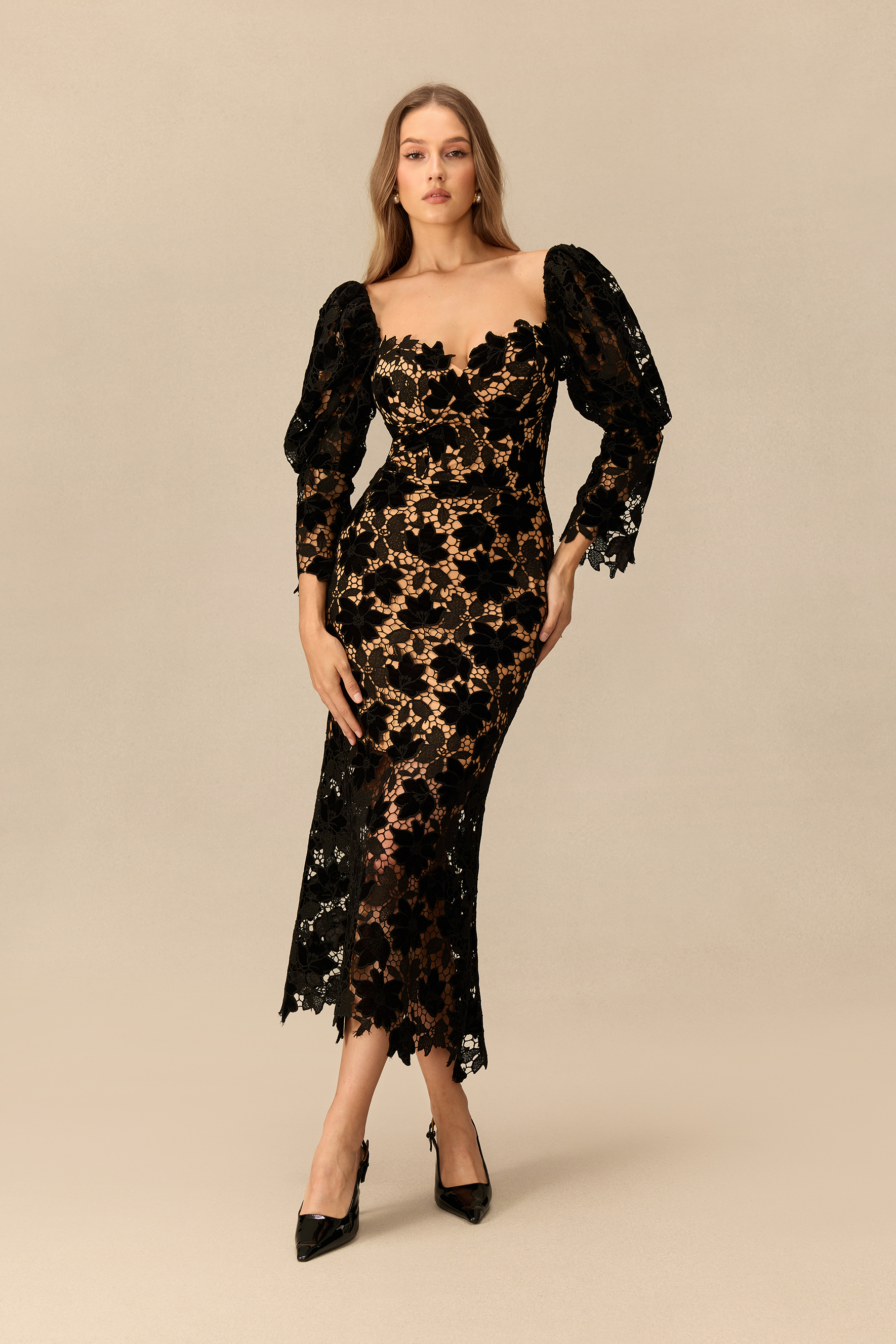 Poised To Impress Puff Sleeve Floral Lace Midi Dress
