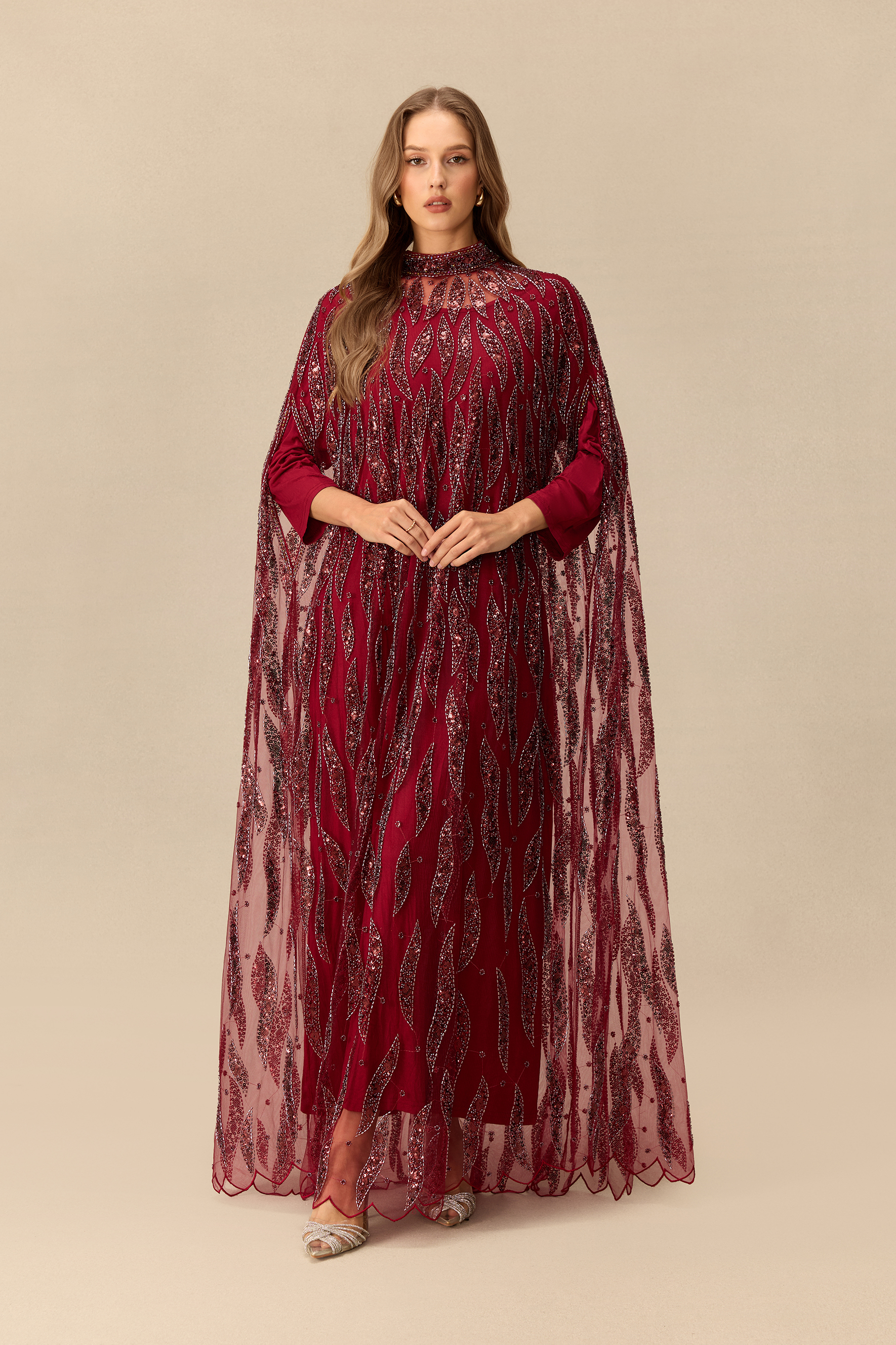 Candlelight Charm Sequin Embroidery Cape Sleeve Maxi Dress