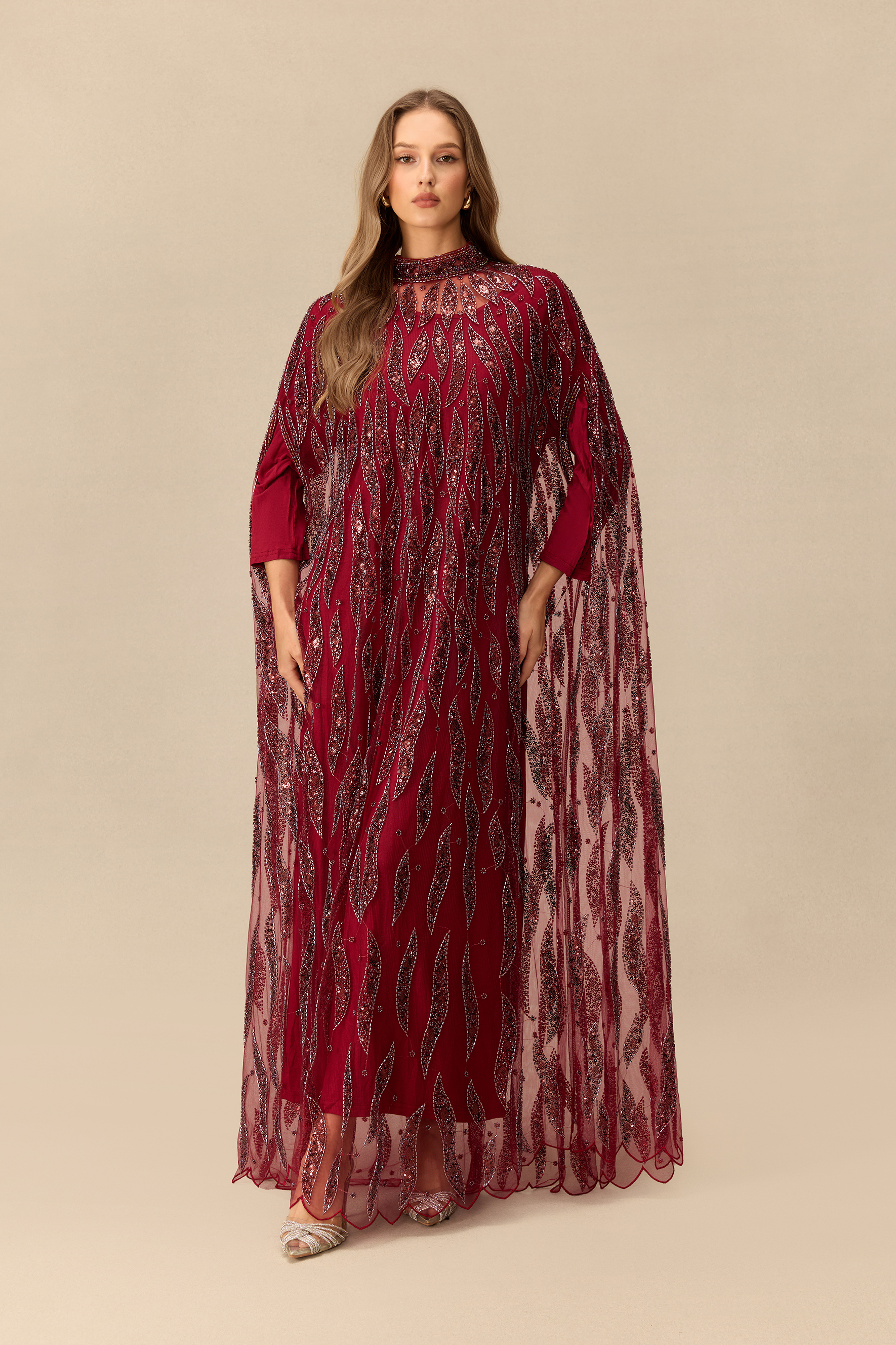 Candlelight Charm Sequin Embroidery Cape Sleeve Maxi Dress