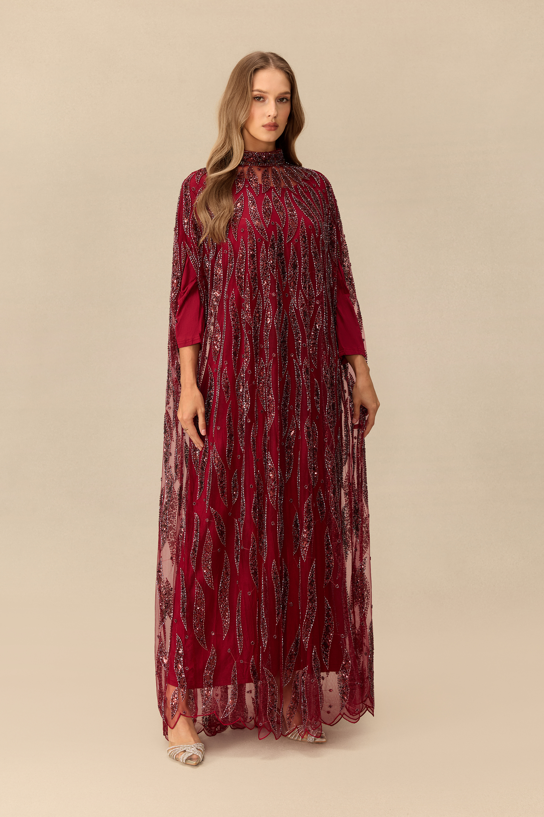 Candlelight Charm Sequin Embroidery Cape Sleeve Maxi Dress