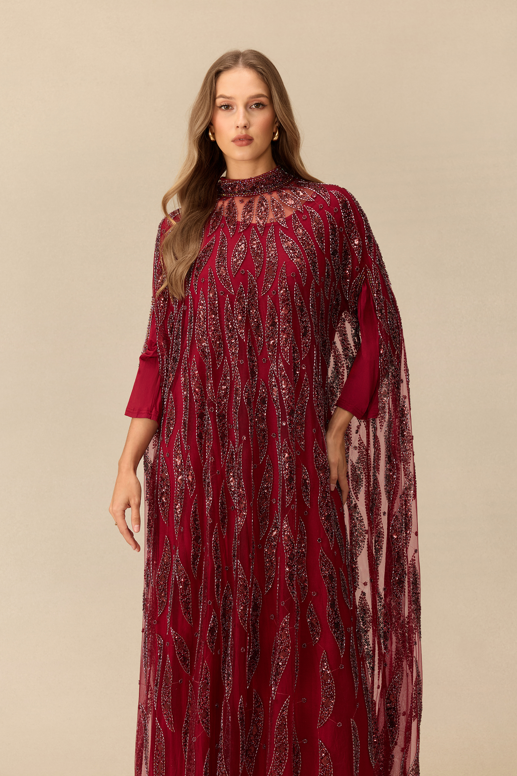 Candlelight Charm Sequin Embroidery Cape Sleeve Maxi Dress
