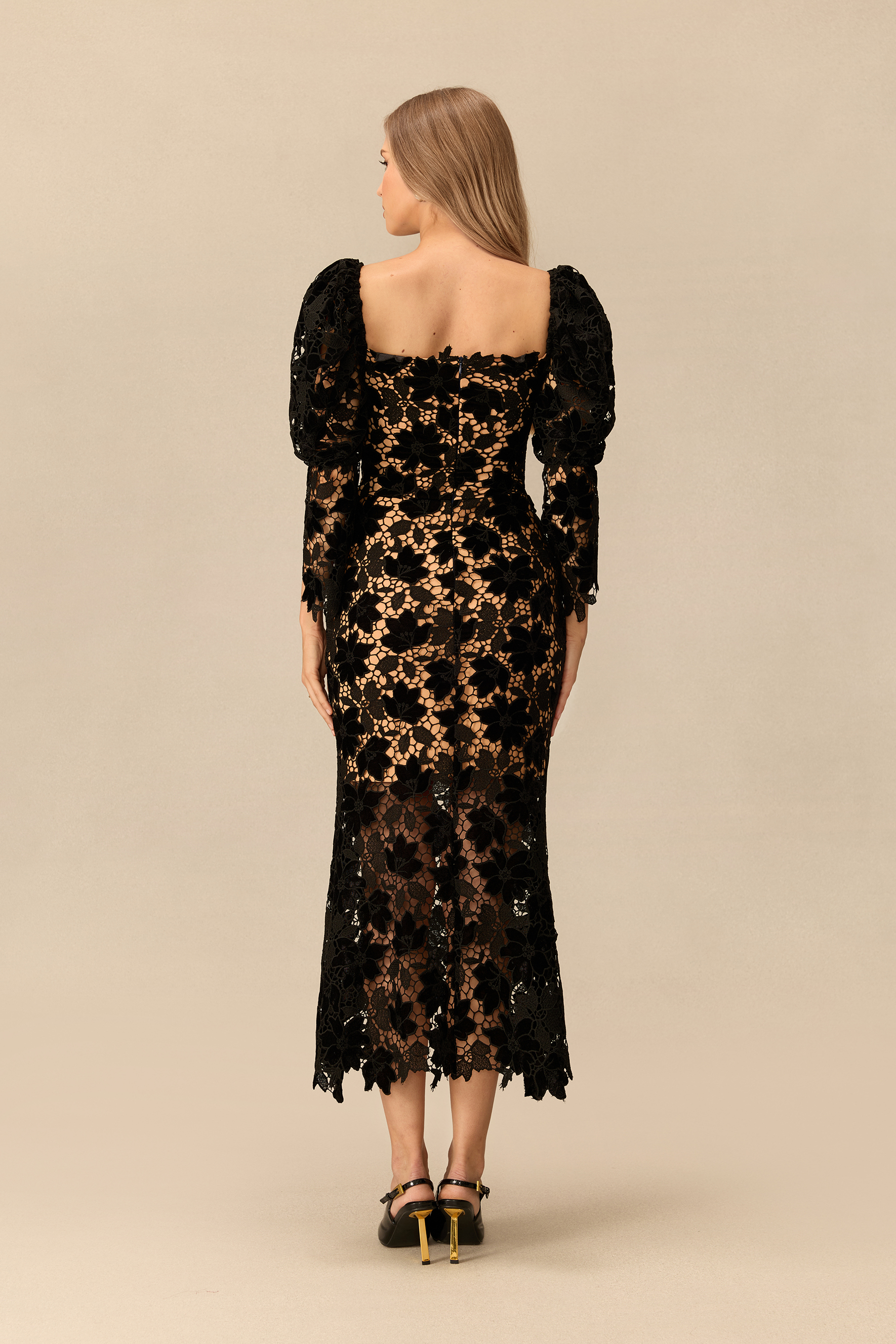 Poised To Impress Puff Sleeve Floral Lace Midi Dress