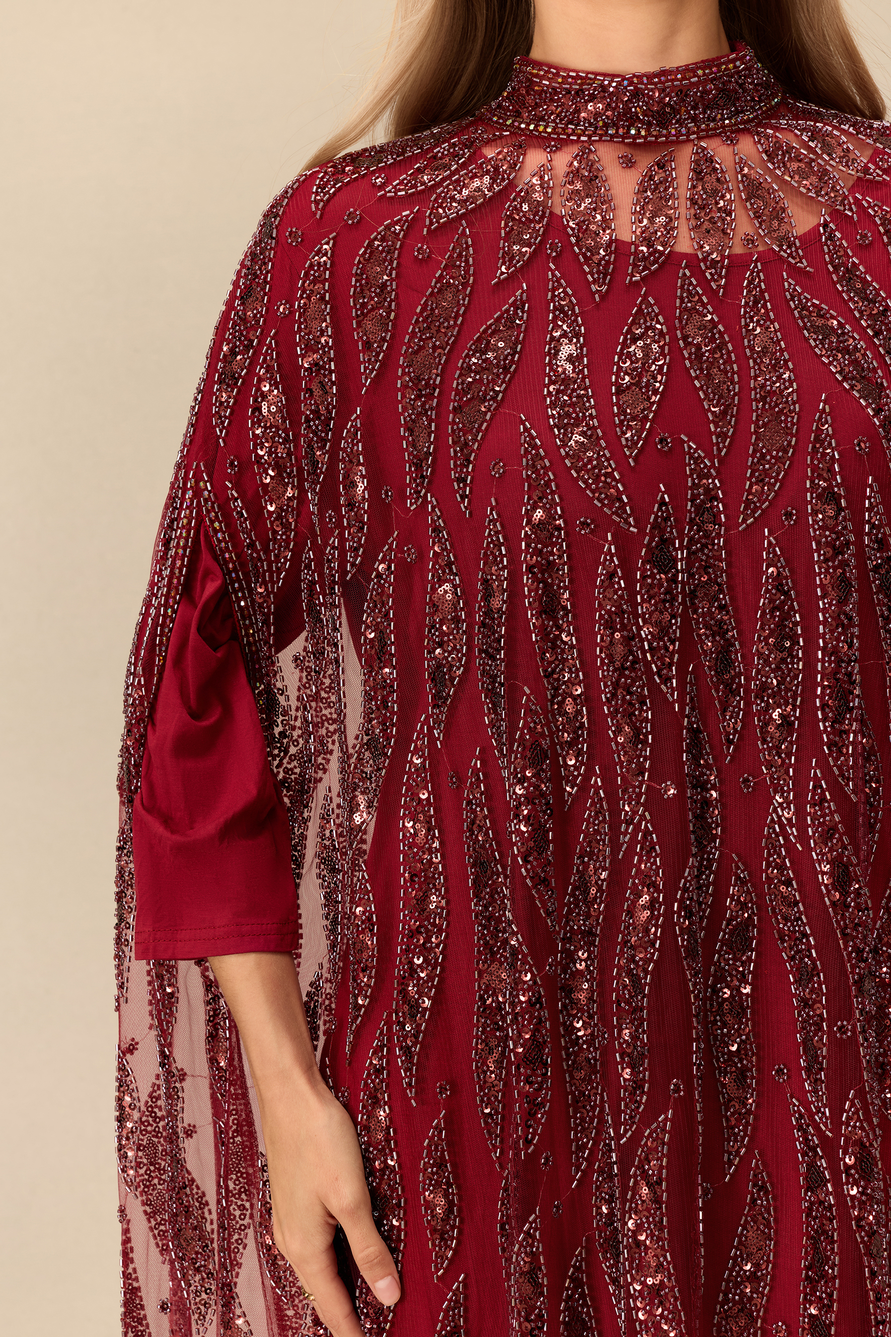 Candlelight Charm Sequin Embroidery Cape Sleeve Maxi Dress