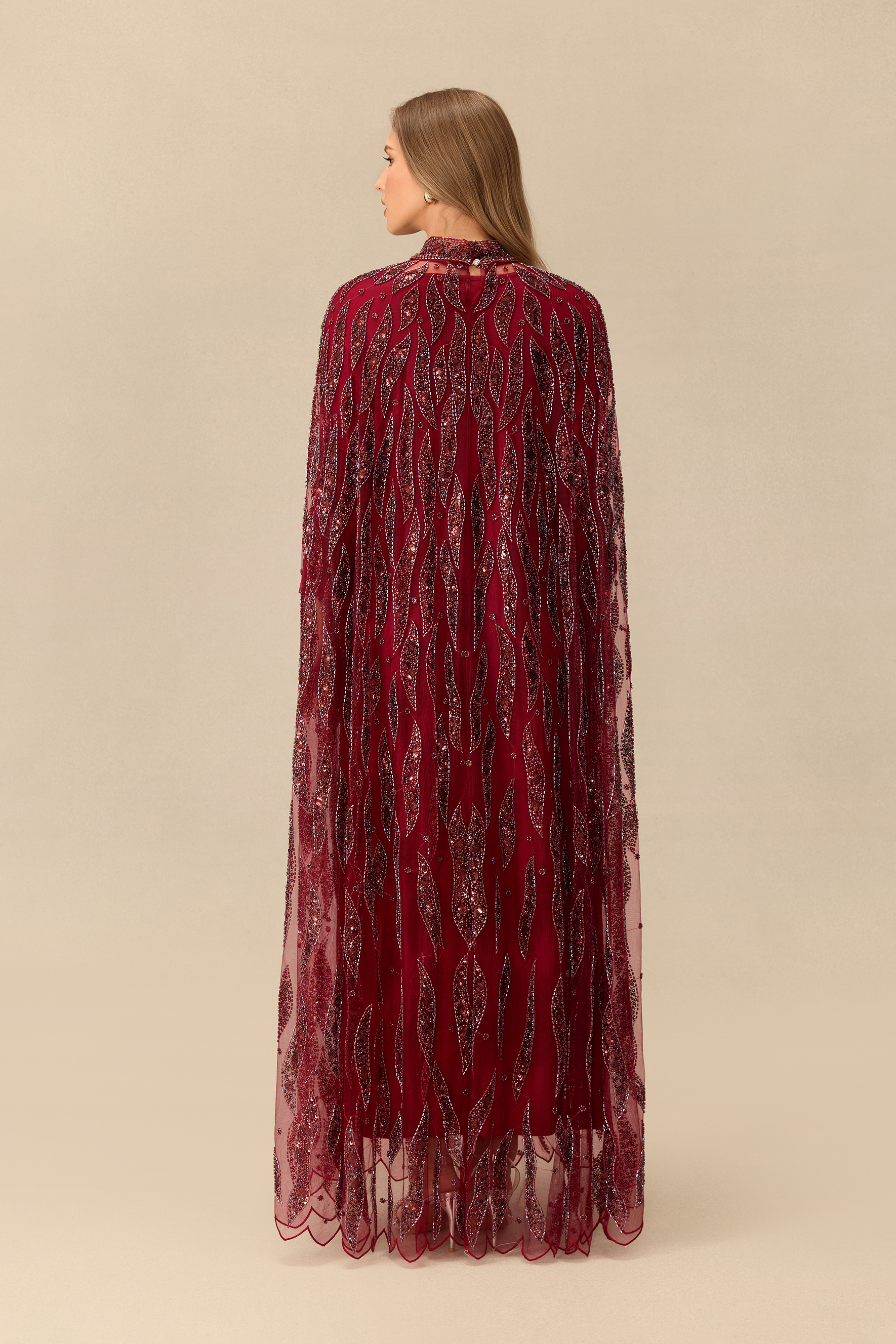 Candlelight Charm Sequin Embroidery Cape Sleeve Maxi Dress
