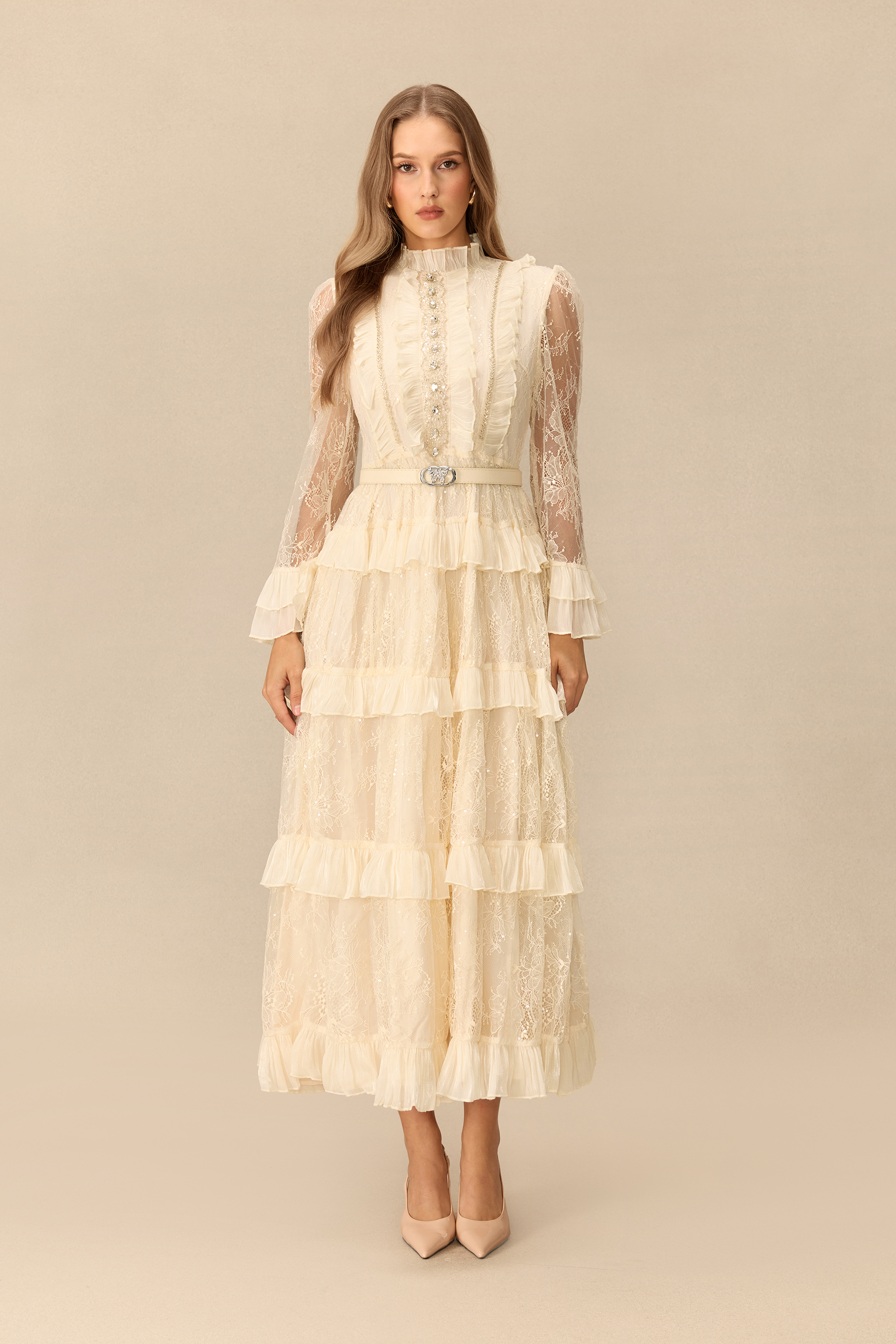 Graceful Entrance Embellished Lace Tiered Maxi Dress