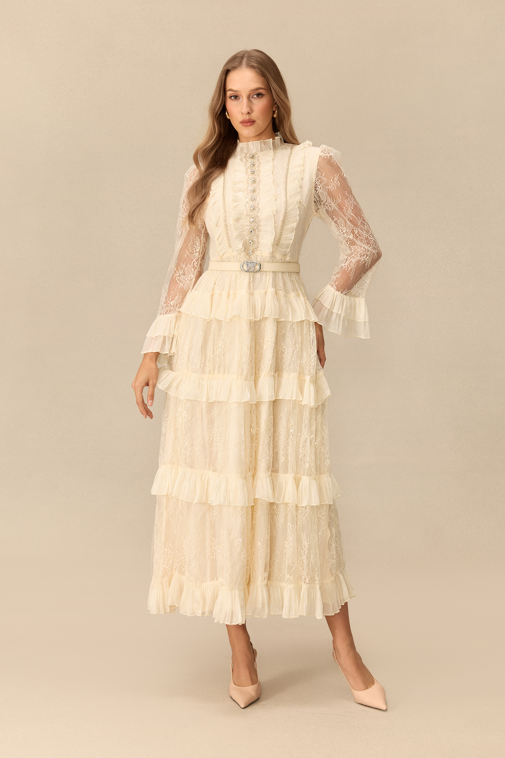 Graceful Entrance Embellished Lace Tiered Maxi Dress
