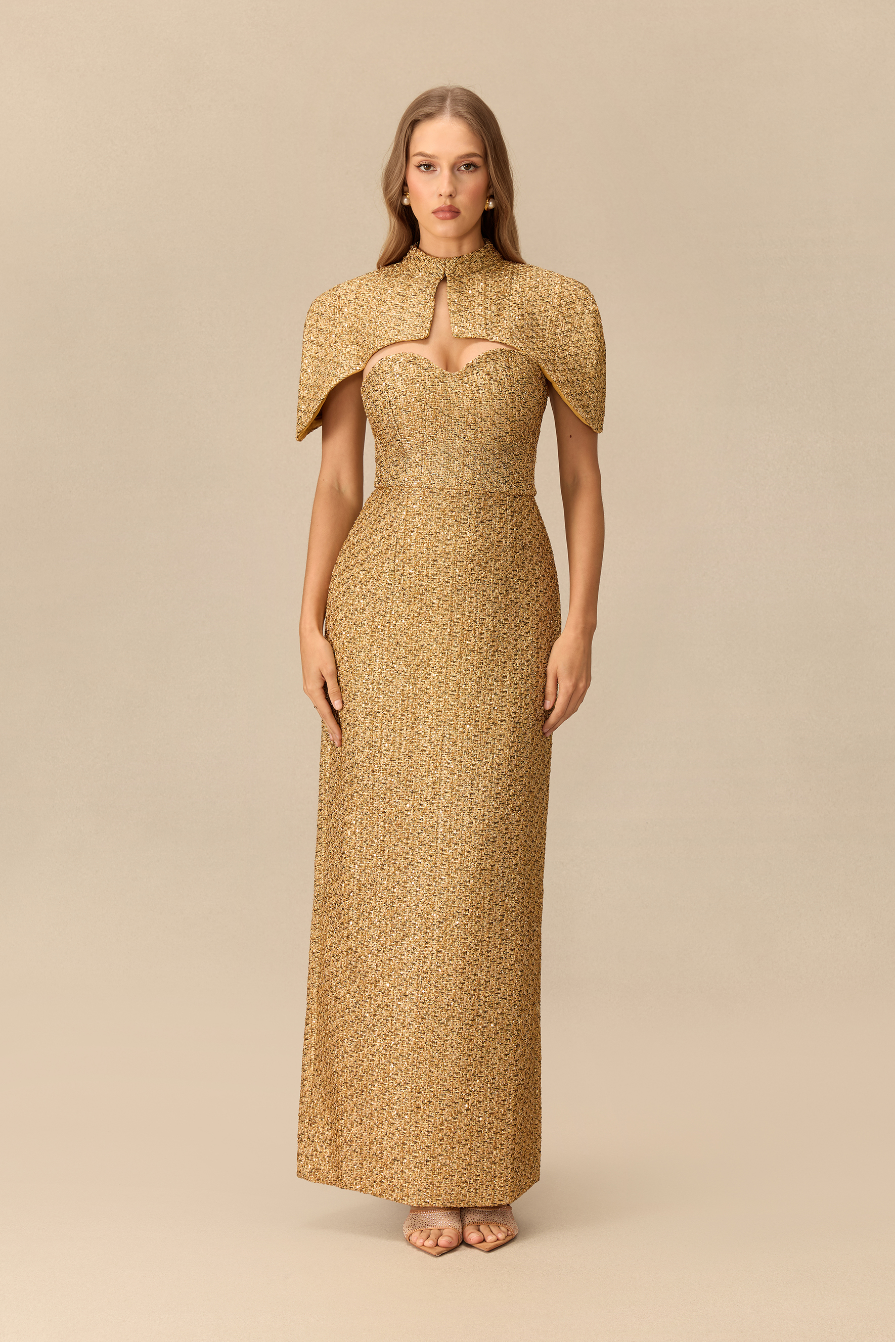 Steal The Spotlight Sweetheart Tweed Maxi Dress With Cape