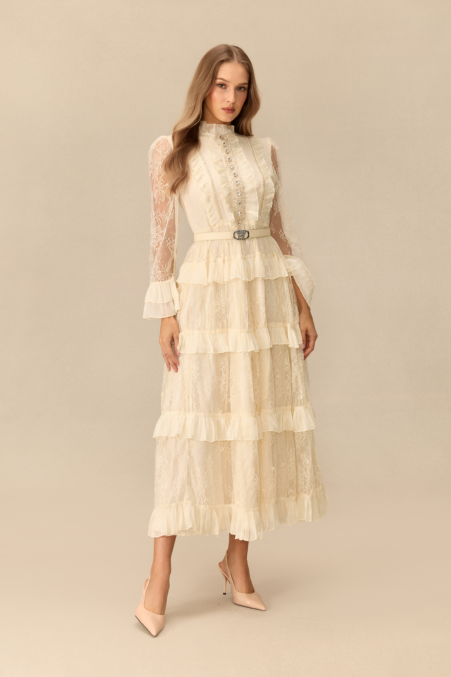 Graceful Entrance Embellished Lace Tiered Maxi Dress