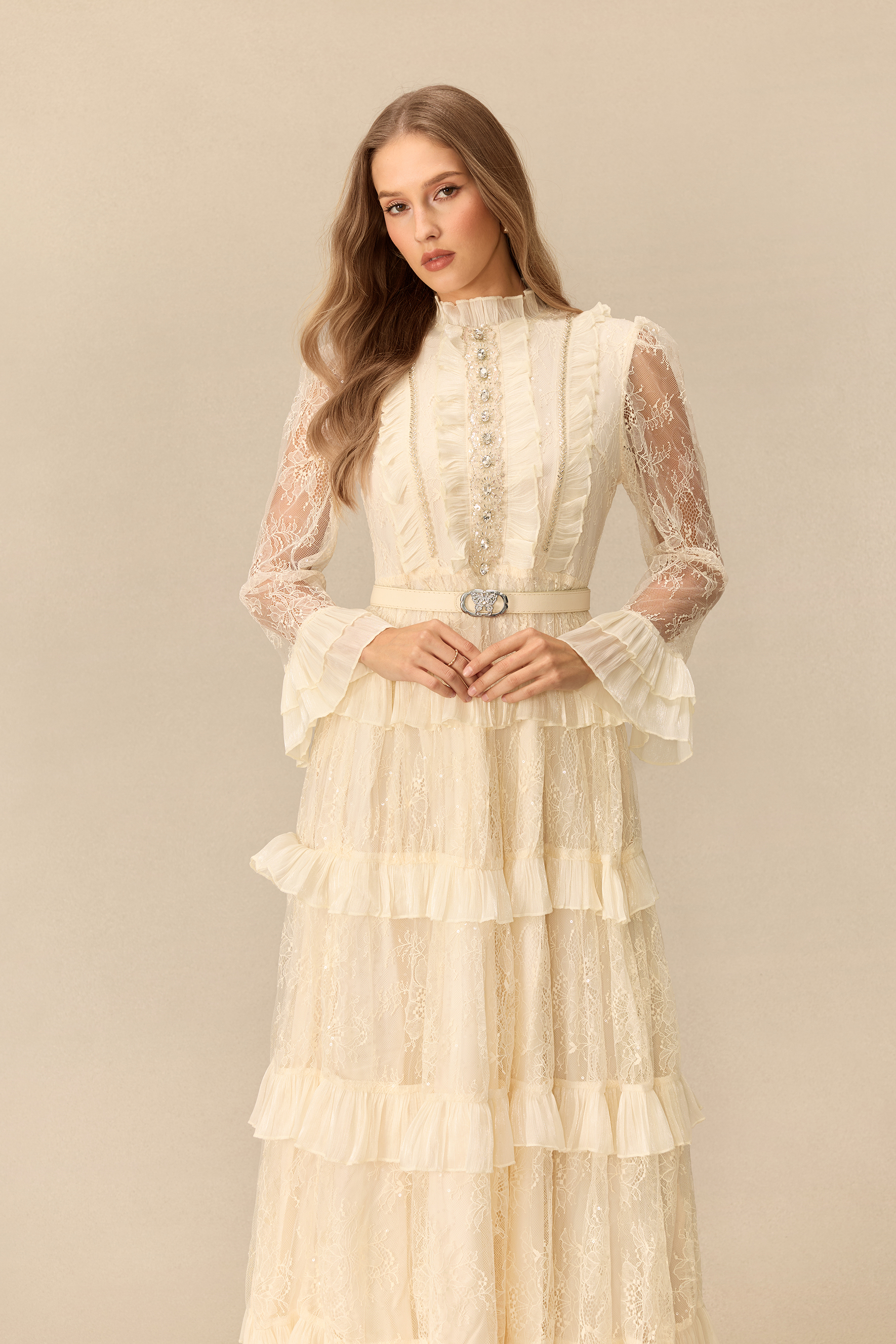Graceful Entrance Embellished Lace Tiered Maxi Dress
