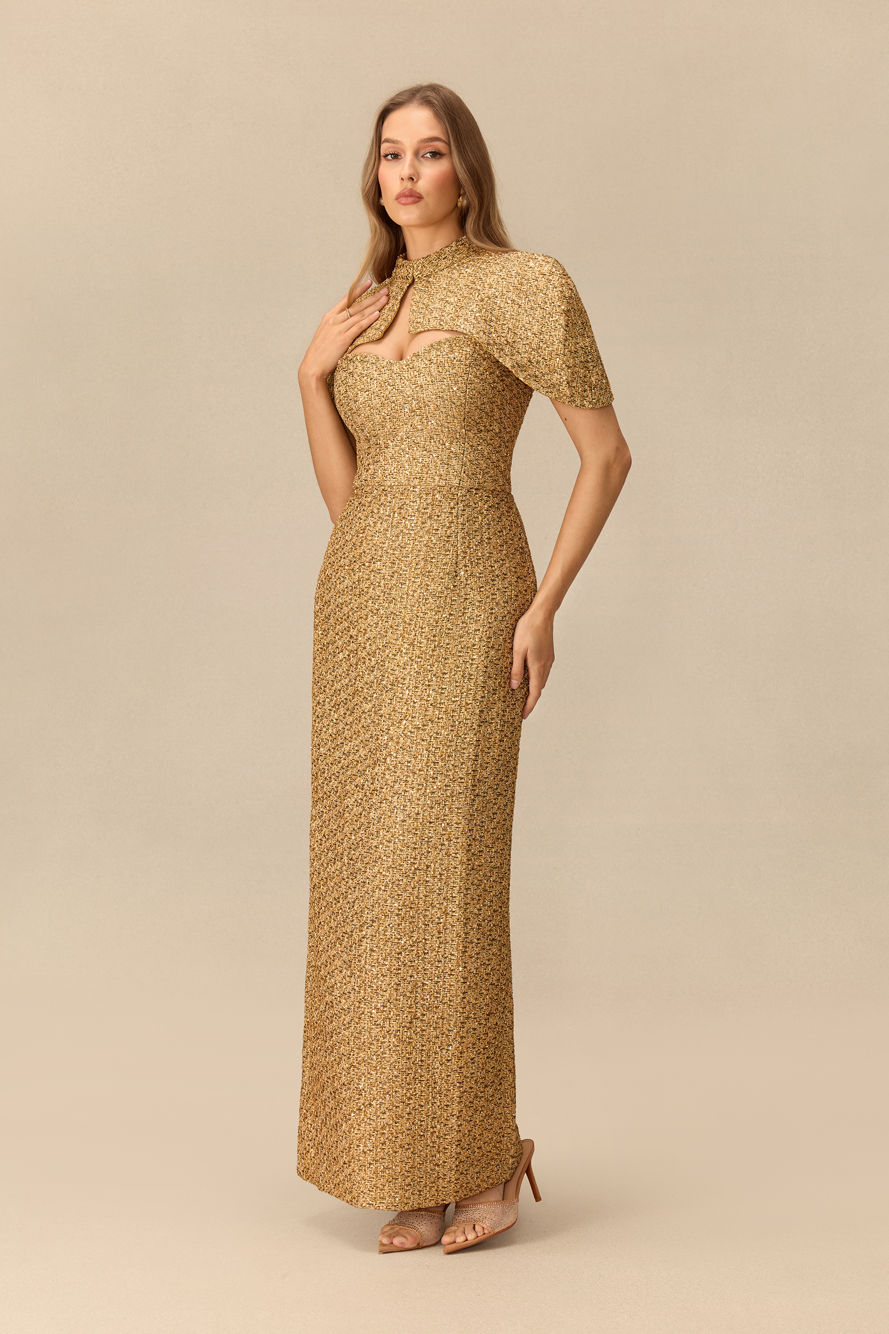 Steal The Spotlight Sweetheart Tweed Maxi Dress With Cape
