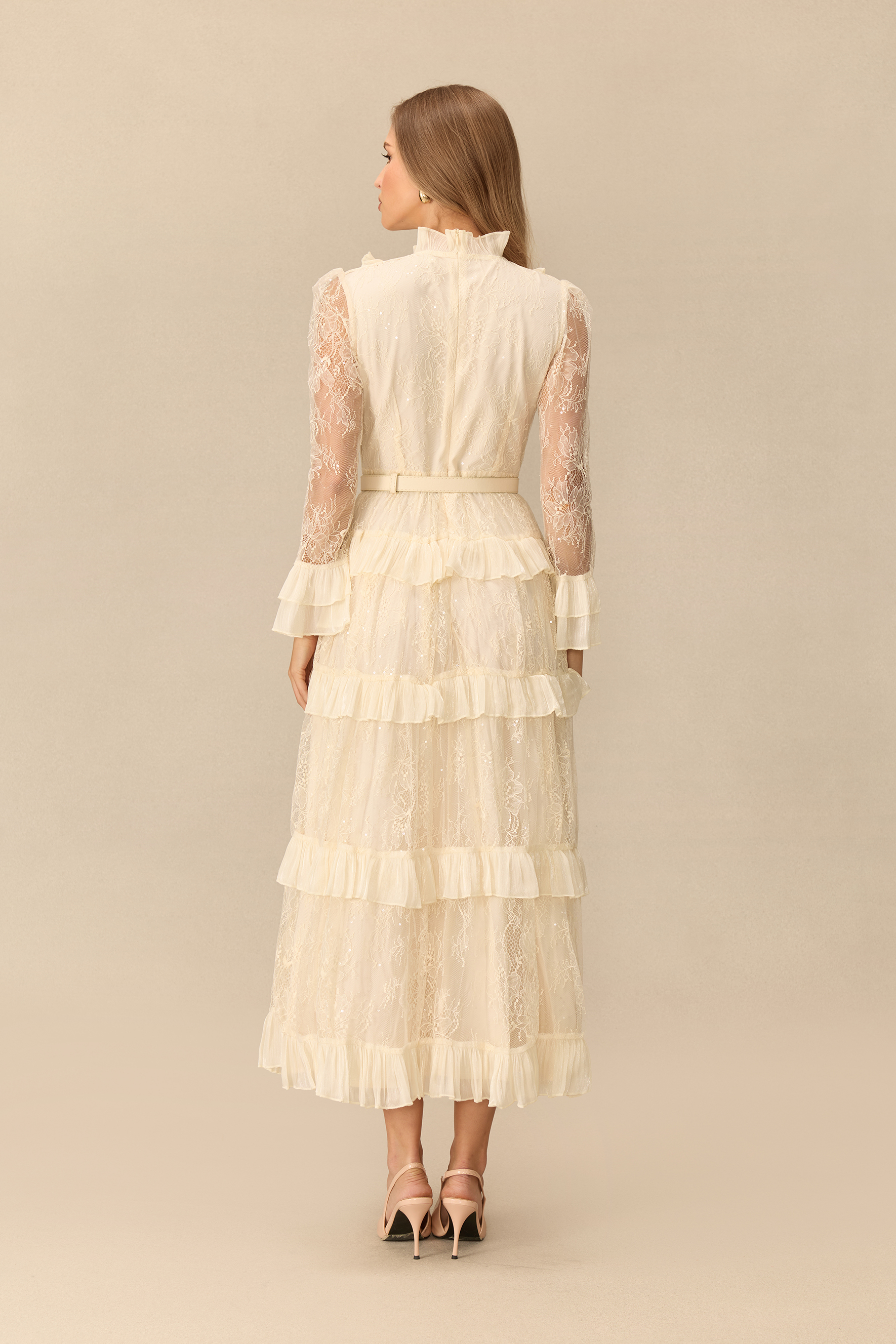Graceful Entrance Embellished Lace Tiered Maxi Dress