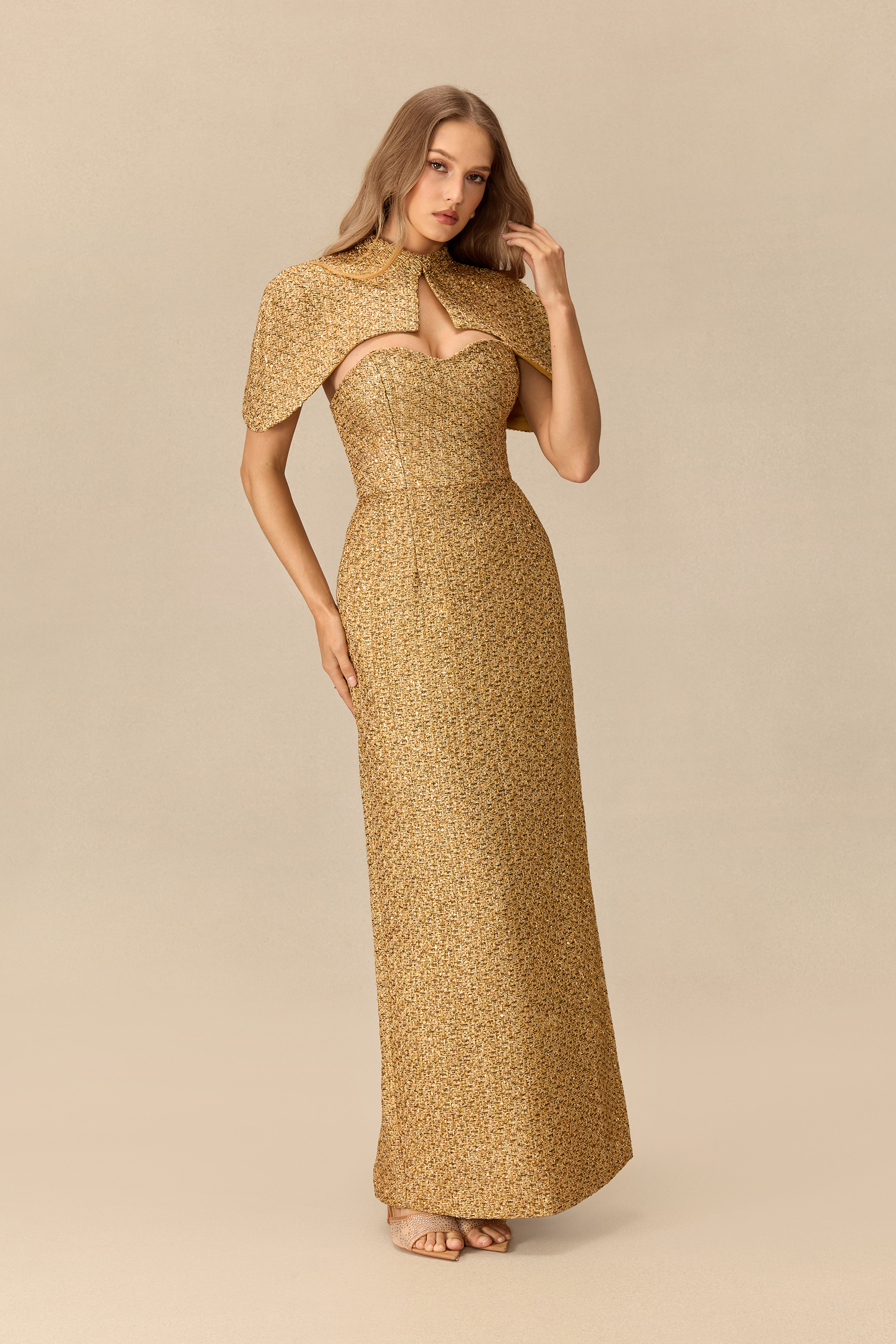 Steal The Spotlight Sweetheart Tweed Maxi Dress With Cape