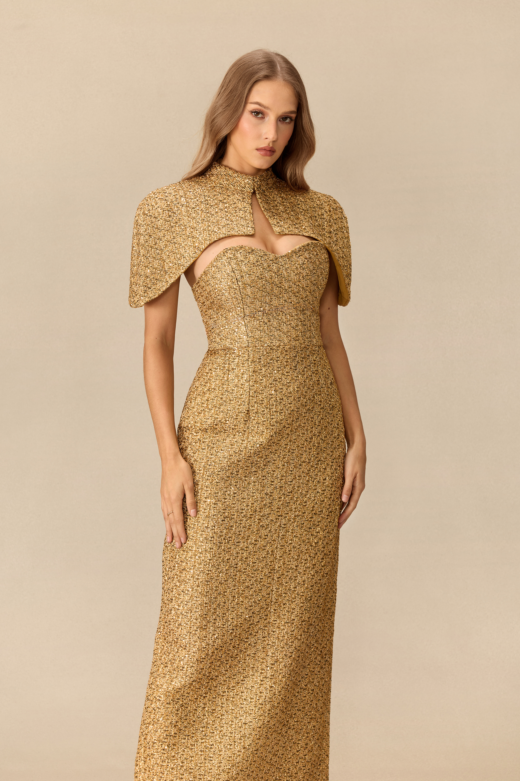 Steal The Spotlight Sweetheart Tweed Maxi Dress With Cape