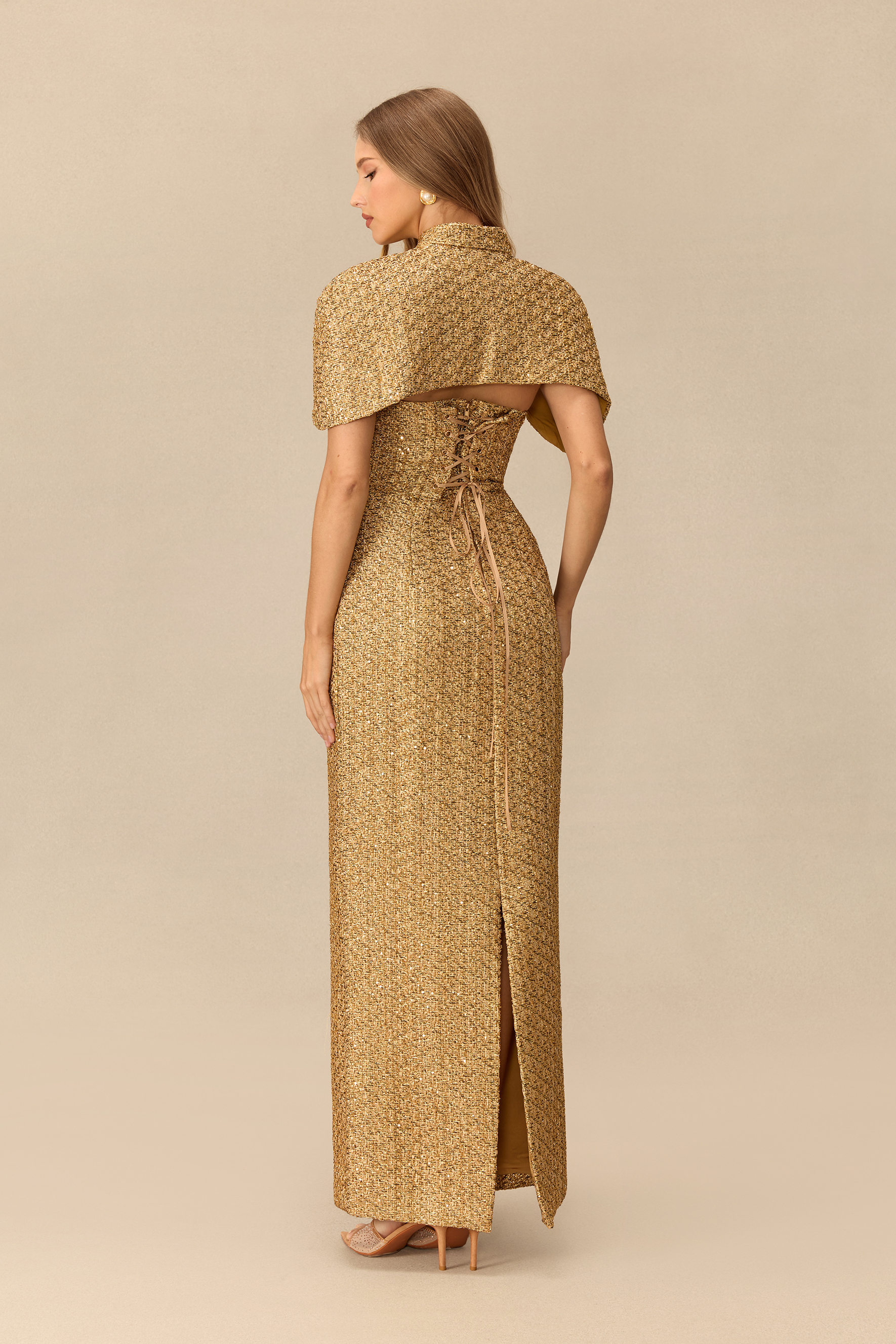Steal The Spotlight Sweetheart Tweed Maxi Dress With Cape