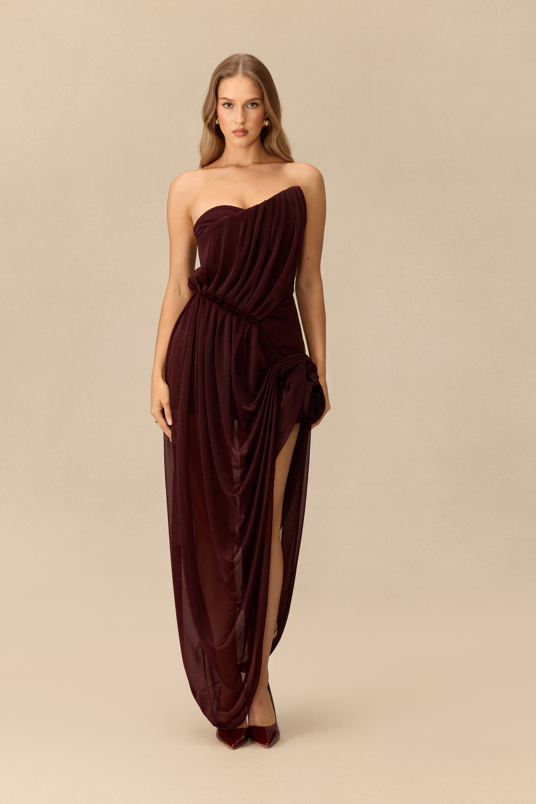 Come Closer Asymmetrical Floral Applique High Slit Maxi Dress