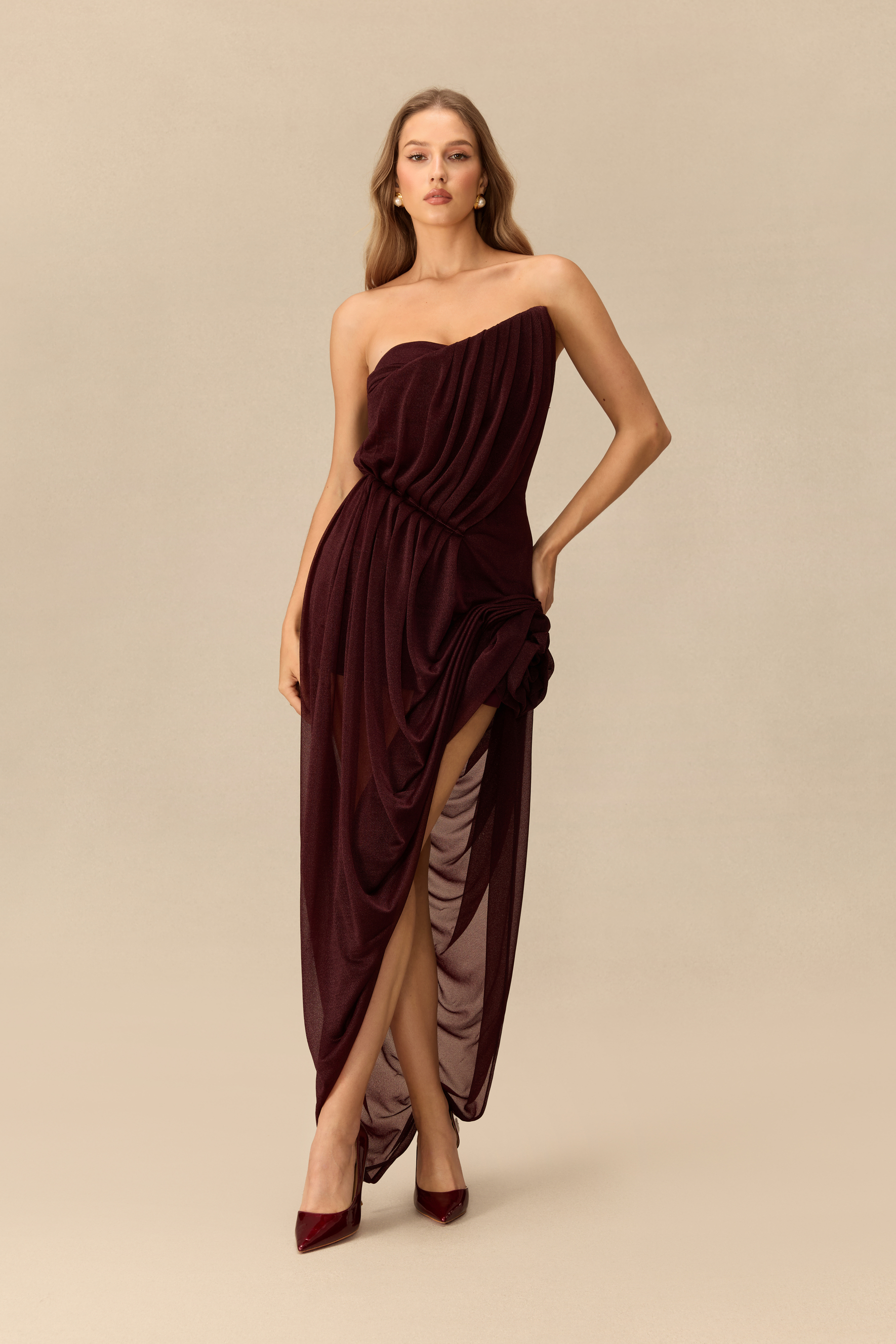 Come Closer Asymmetrical Floral Applique High Slit Maxi Dress