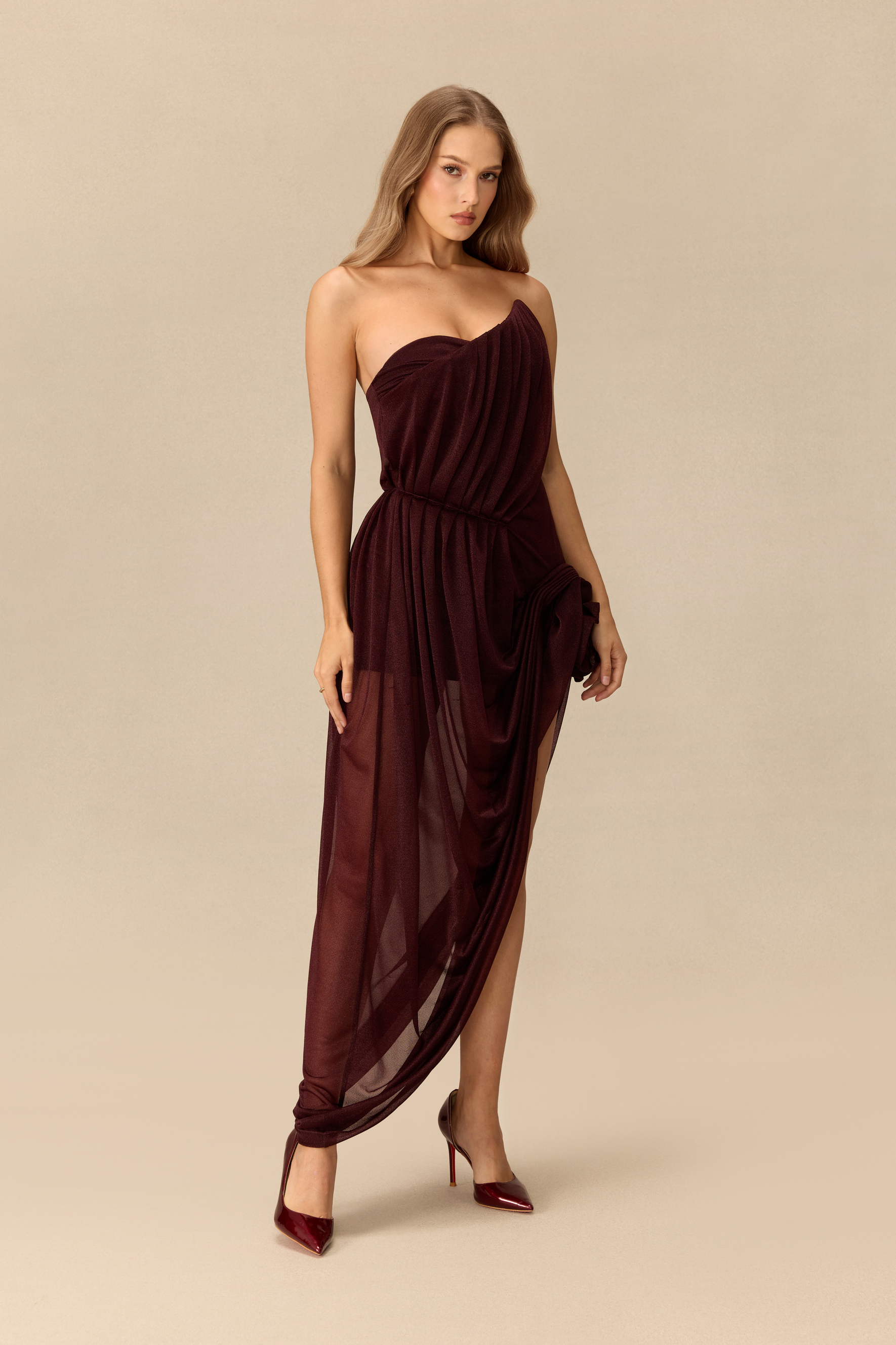 Come Closer Asymmetrical Floral Applique High Slit Maxi Dress